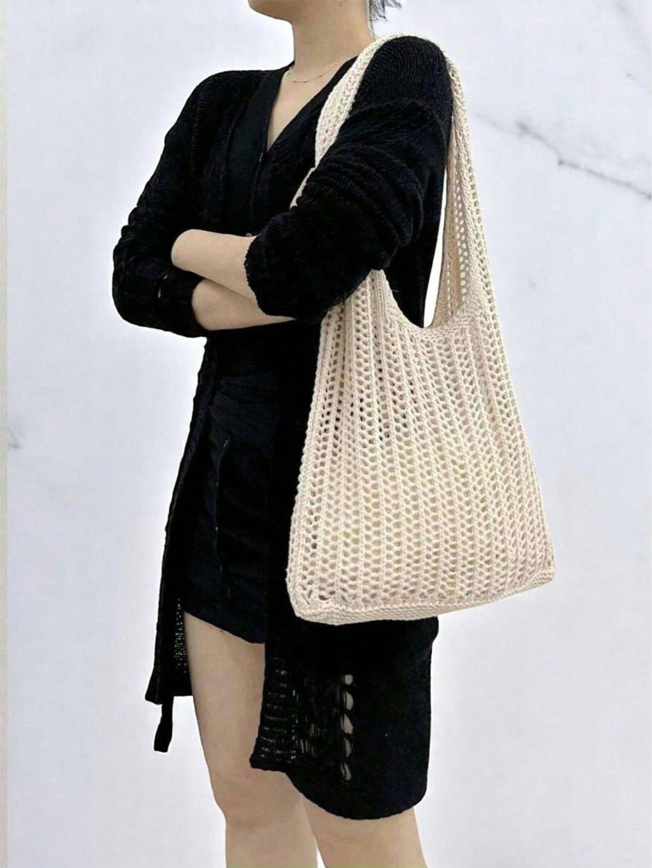 Large Capacity Crochet Shoulder Tote Bag - Lightweight, Multifunctional Knitted Handbag, Beige, Pink, Brown, Black, Suitable For Travel, Beach, Vacation And Daily Use, Large Tote Bag , Beach Bag , Crochet, Holiday, Yellow
