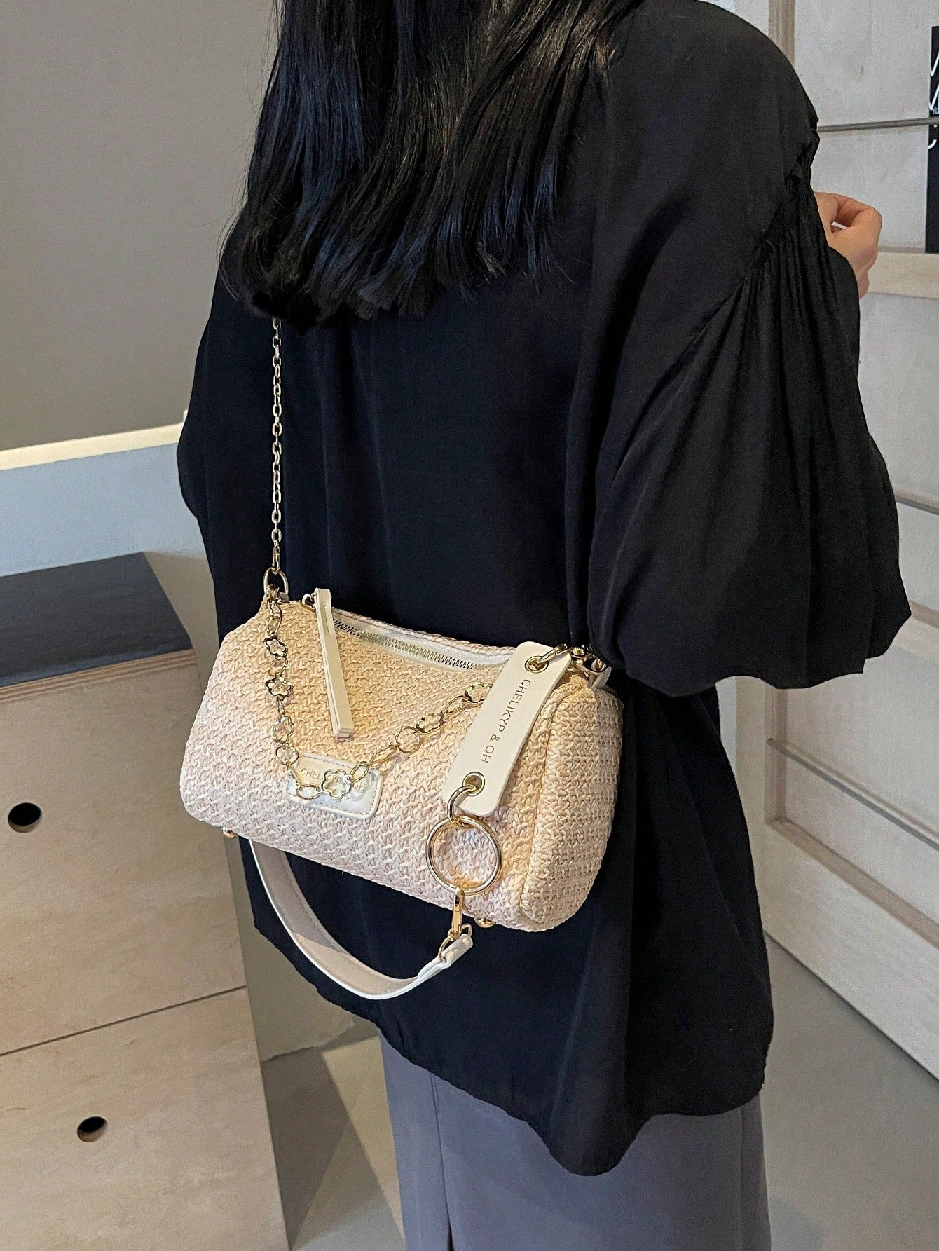 New Spring/Summer Contrast Striped Woven Straw Shoulder Bag, Fashion Letter Decor Women's