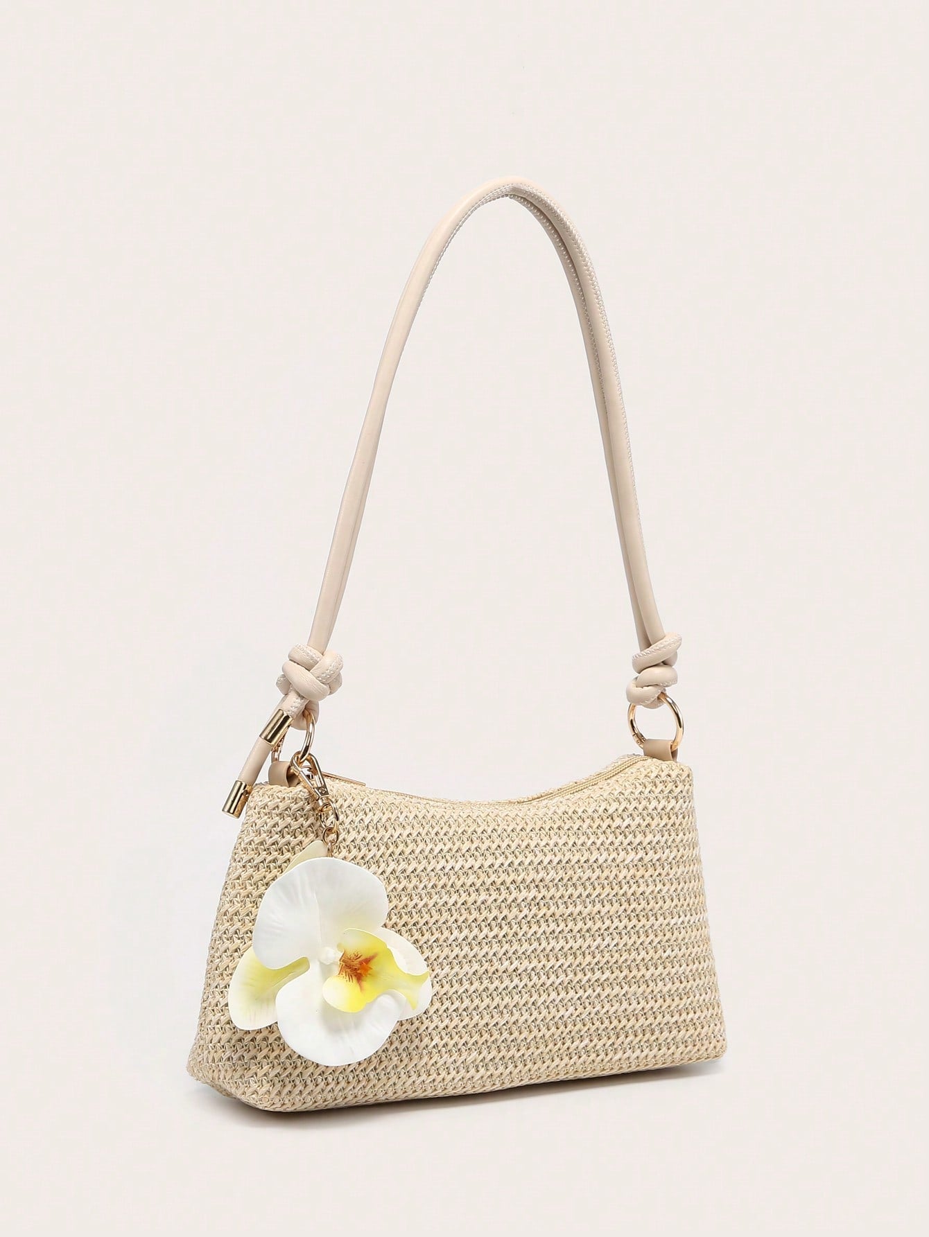 Women's Underarm Shoulder Bag, Square Bag, PU Rope Flower Pendant, Large Capacity, Lightweight, Casual Fashionable Beach Vacation Style, Suitable For Shopping And Vacation , Beach Bag, Holiday, Straw Bag