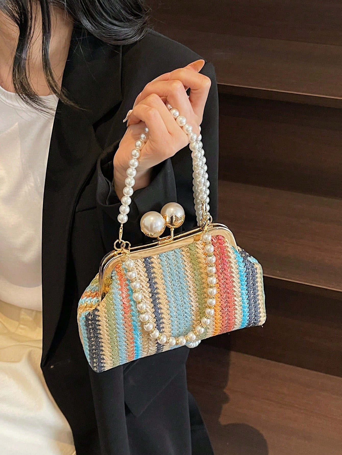 1pc Rainbow Color Woven Clutch Bag, Minimalist & Fashionable, Suitable For Casual/Daily Use, Woven Bag