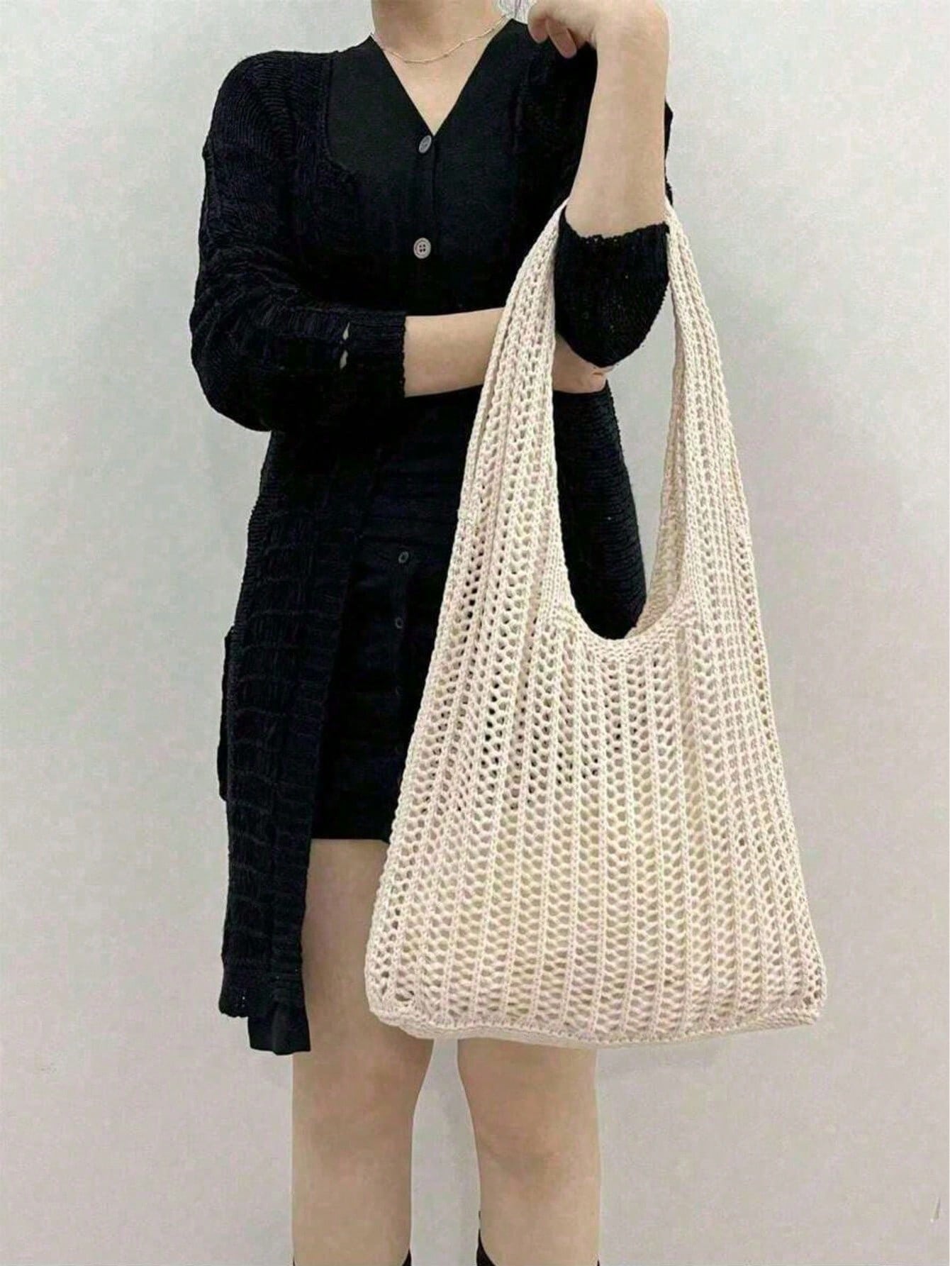Large Capacity Crochet Shoulder Tote Bag - Lightweight, Multifunctional Knitted Handbag, Beige, Pink, Brown, Black, Suitable For Travel, Beach, Vacation And Daily Use, Large Tote Bag , Beach Bag , Crochet, Holiday, Yellow