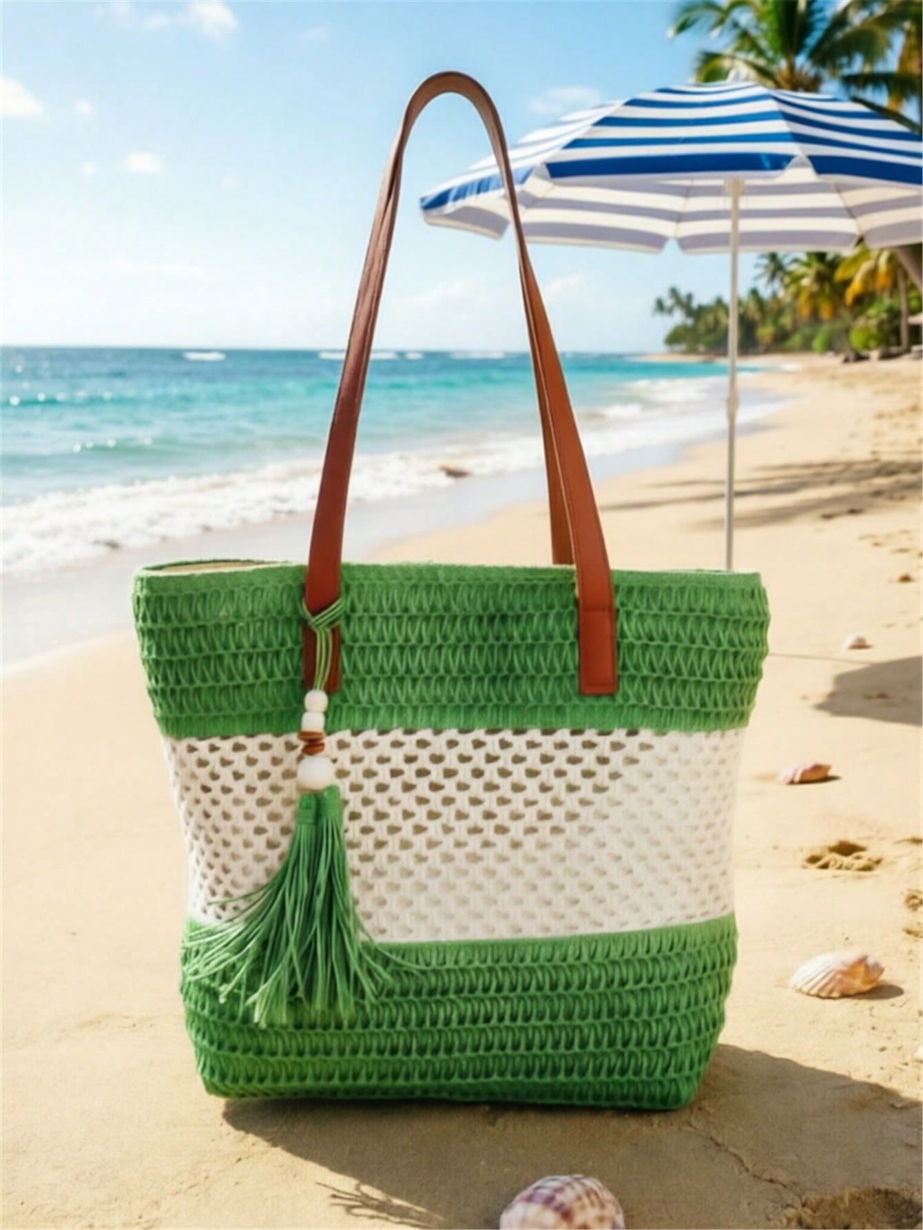 1pc New Holiday Tassel Pendant Bicolor Woven Beach Tote Bag, Casual Shoulder Handbag For Beach Trip
