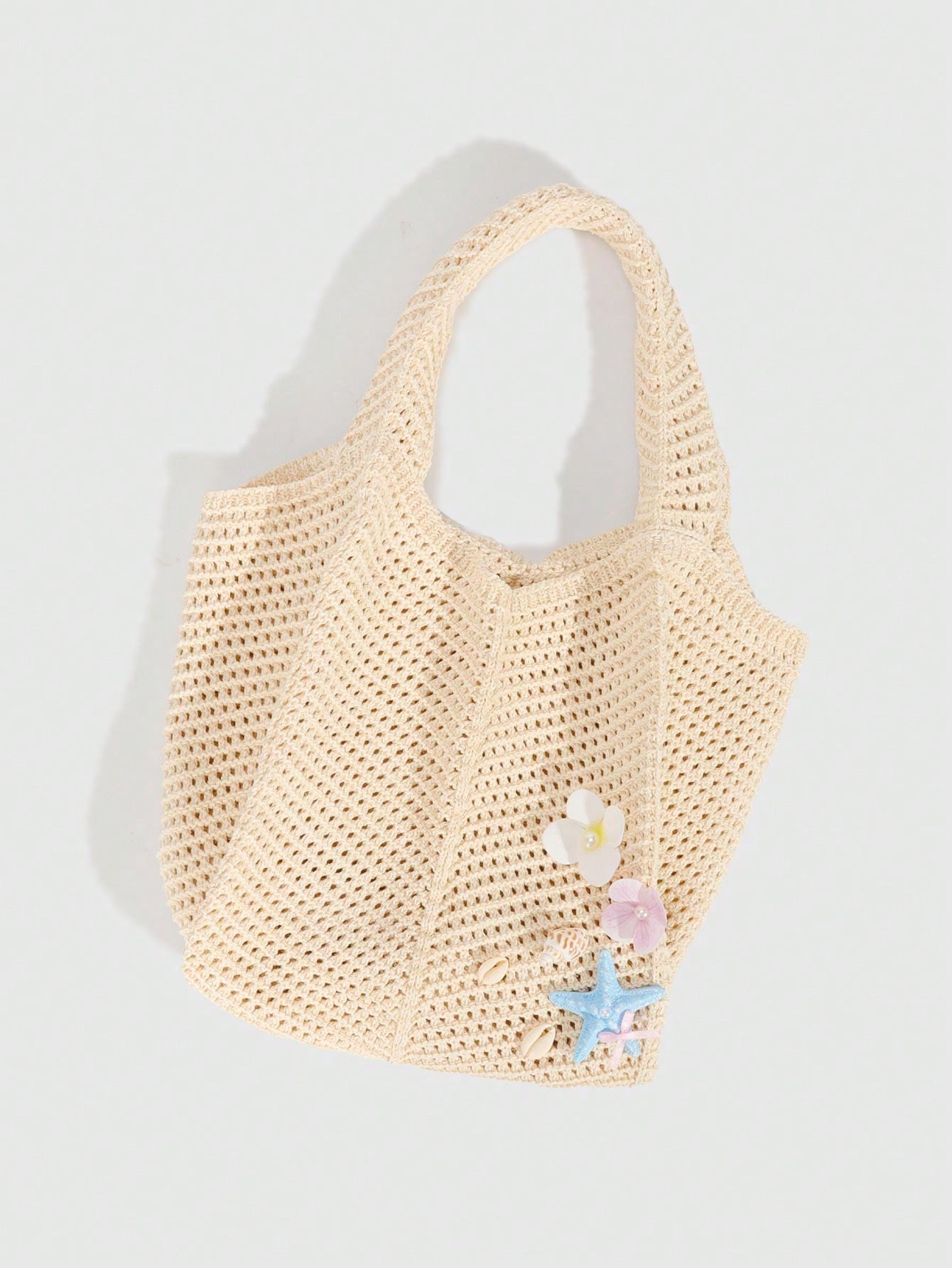 ROMWE Fairycore 1 Pc Tropical Ocean Beach Vacation Style Woven Hollow Beige Women's Shoulder Crossbody Handbag, Large Capacity Travel Vacation Bag