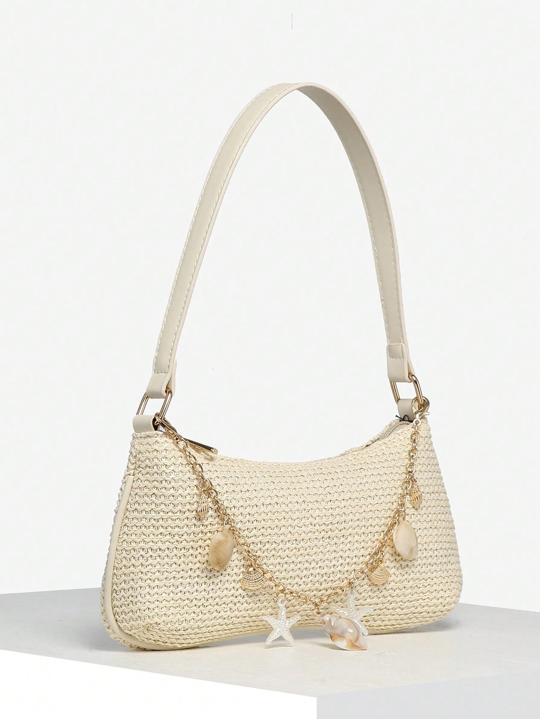 1pc Women's Vintage Resort Ocean Creature Faux Pearl Cherry Faux Fur Tail Woven Crossbody Bag, Suitable For Dates, Outings, Vacations , Beach, Holiday, Woven Bag, Straw Bag