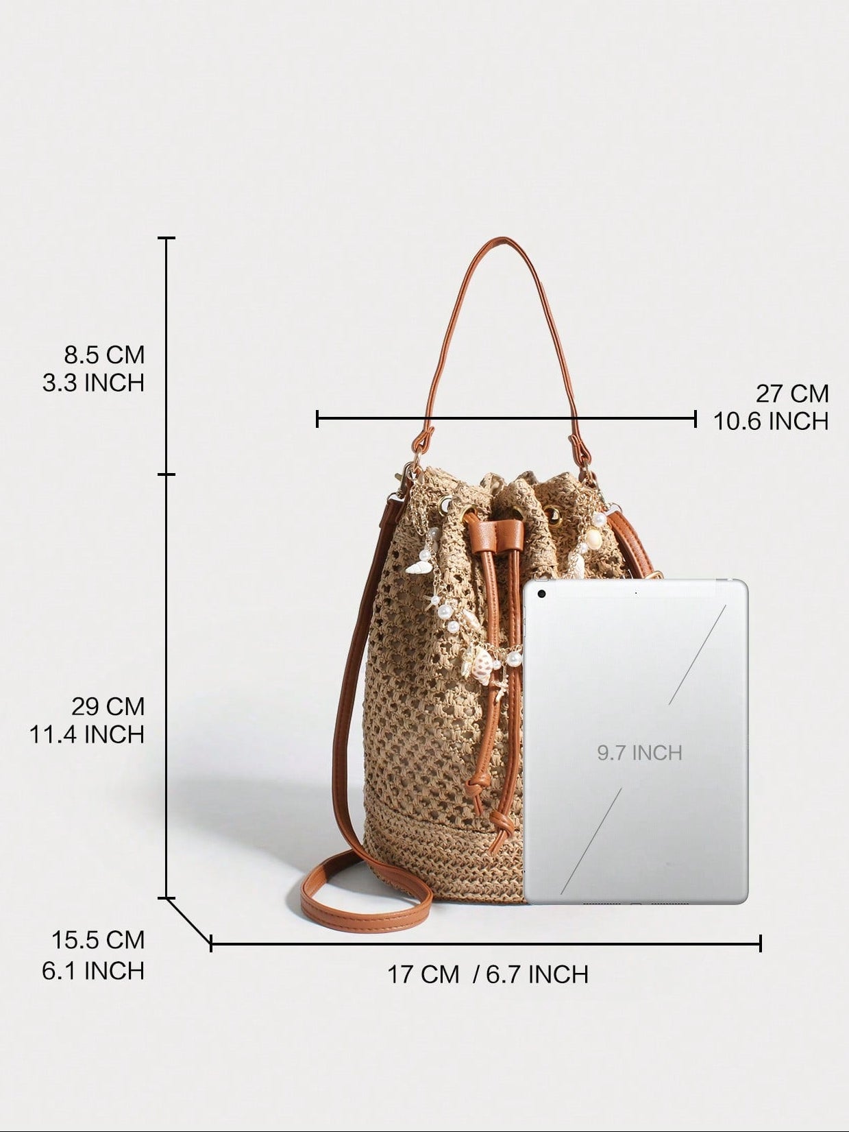 Original Handmade Style, Niche Vacation Style, Drawstring Woven Bag, Hollowed Out Woven Bucket Bag, Starfish Shell Hanging Decoration, Single Shoulder Crossbody Bag, Lightweight, Casual, Breathable, Shopping, Travel, Vacation Beach Bag