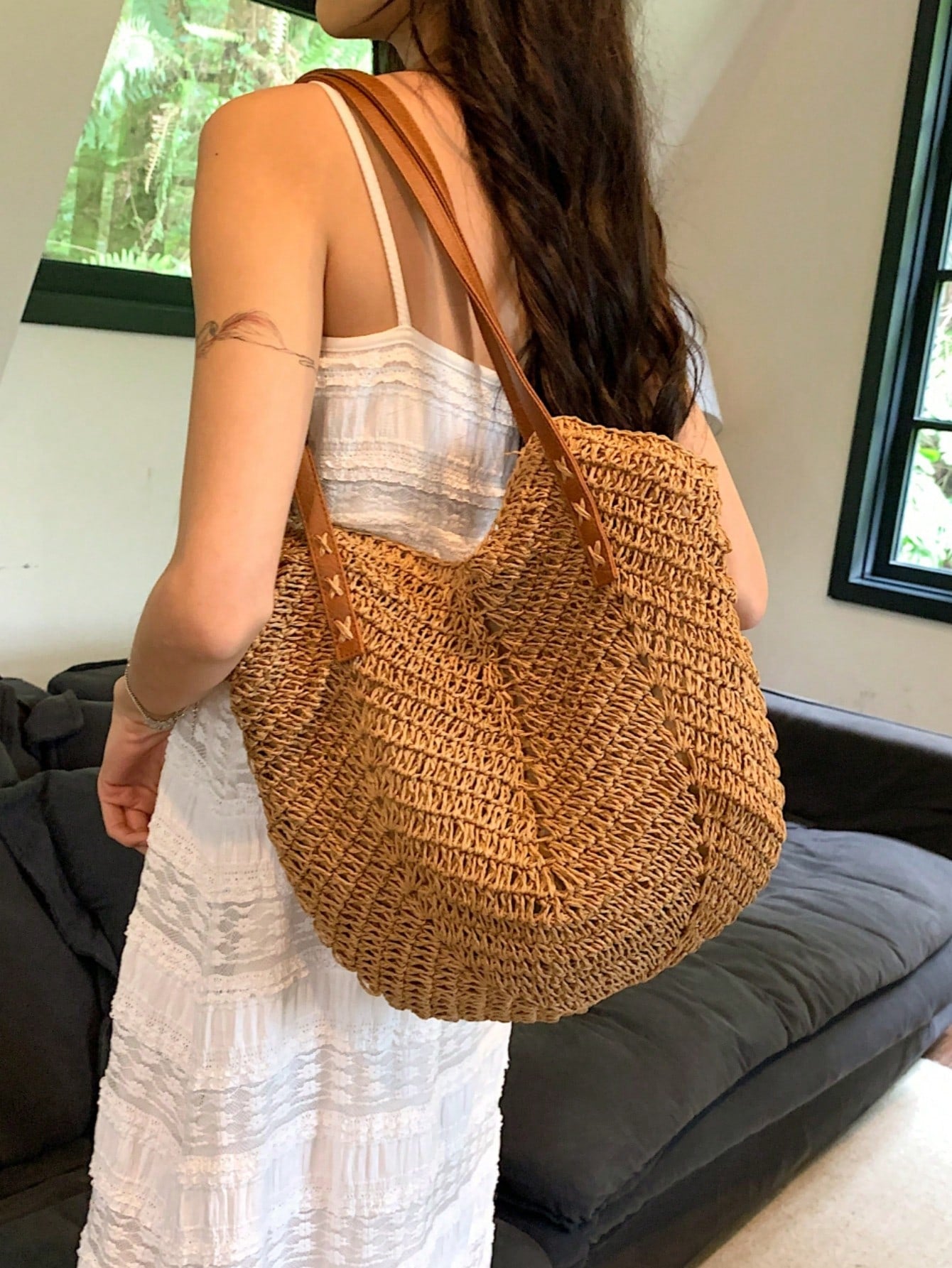 New Large Capacity Tote Bag, Woven Straw Dual Handle Design Women's Bag, Beach Bag For Commuting