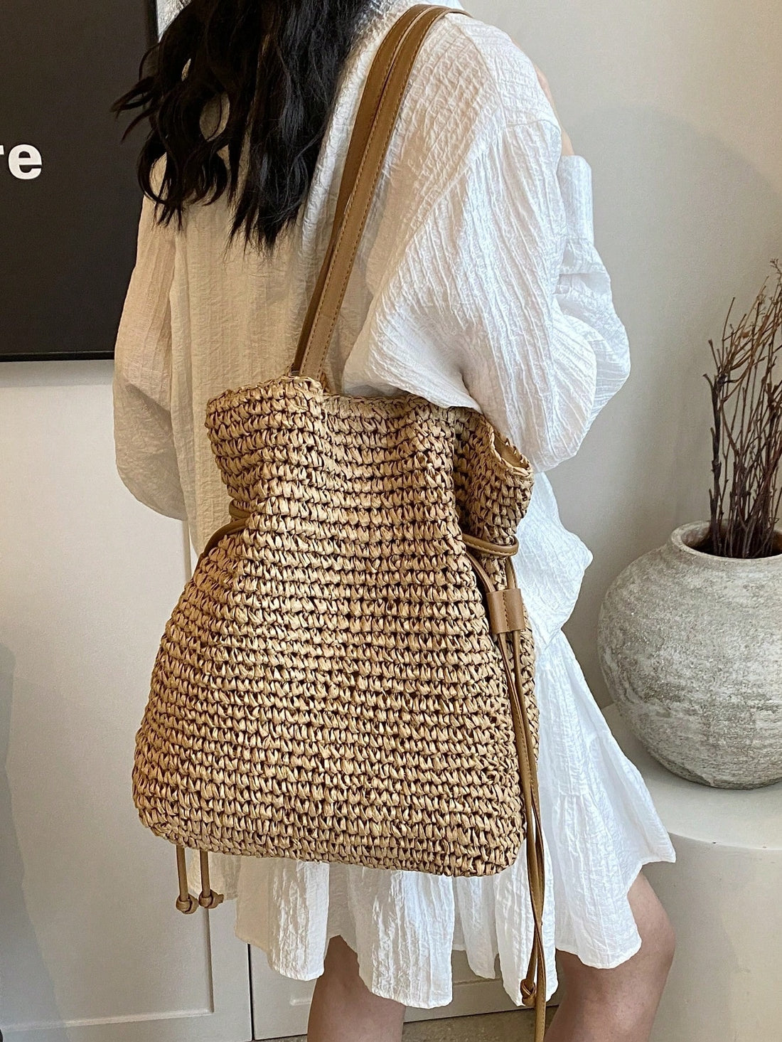 Fashionable Casual Versatile Solid Color Straw Tote Bag, Suitable For Holiday,