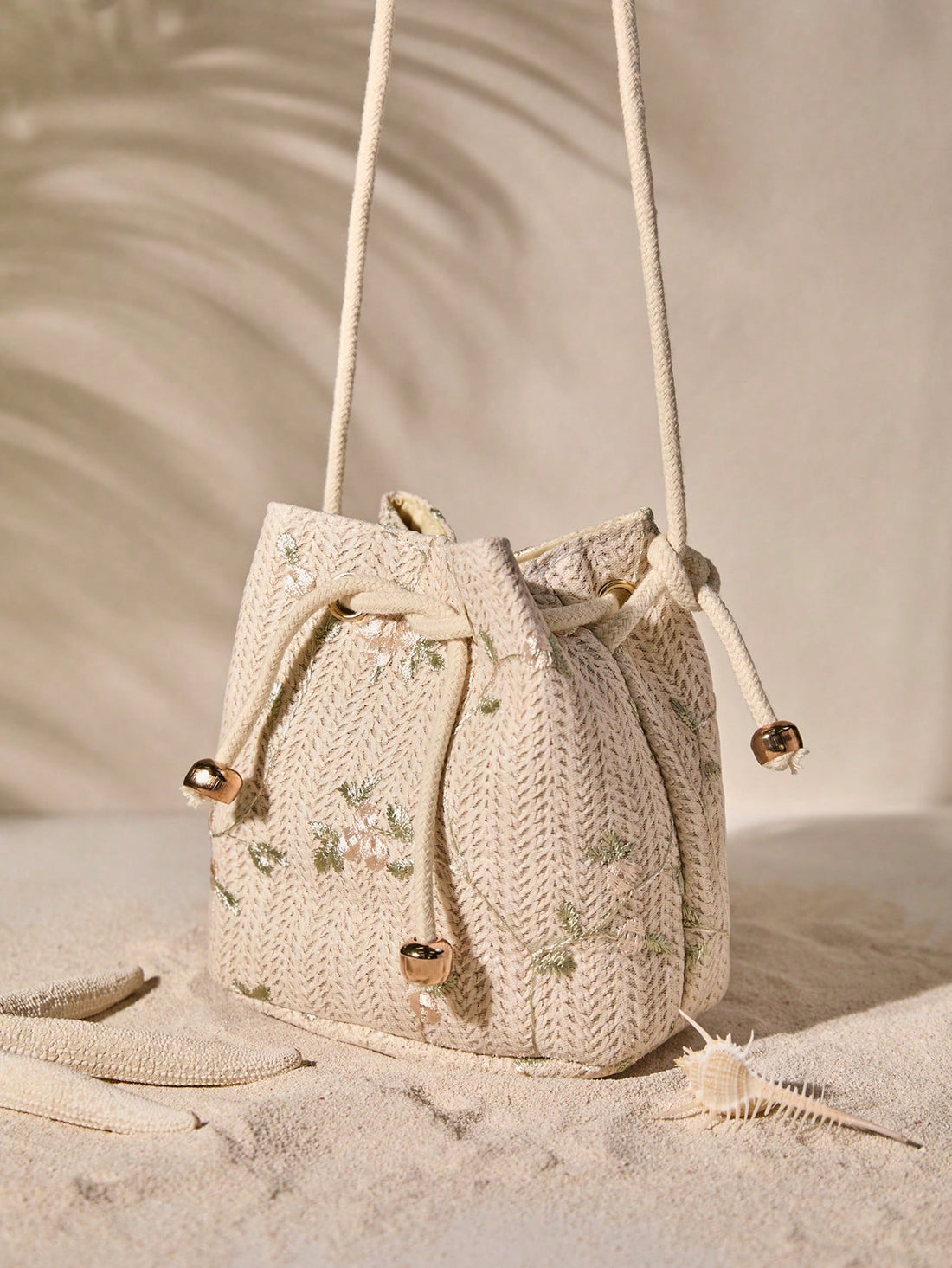 Tropiscape Mini Floral Embroidered Drawstring Detail Vacation, Straw Purse