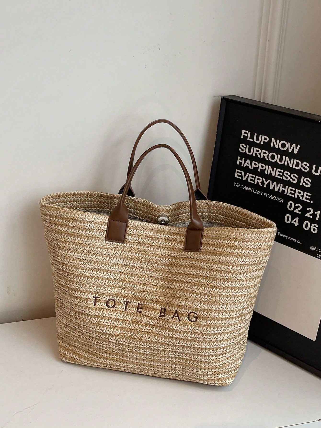 New Large Capacity Letter Decor Woven Straw Tote Bag, Multi-Functional Commute Casual Vacation Woven Straw Handbag Suitable For Commuting, Shopping, Beach Vacation, Office, Holidays
