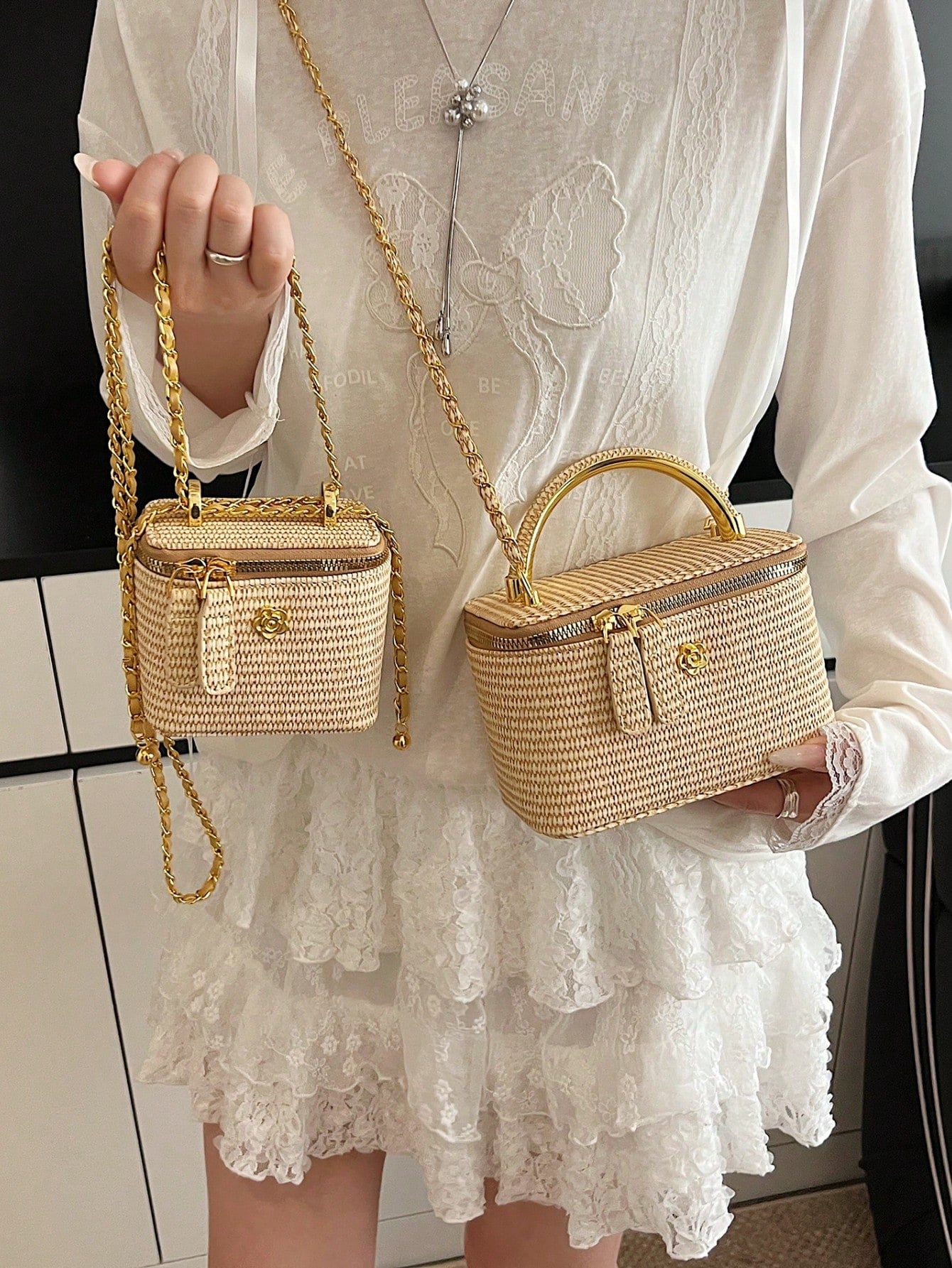 Woven Texture Handle Box-Shaped Handbag, Women's Spring/Summer New Fashion Chain Crossbody Small Square Bag, Versatile Beach Holiday Purse