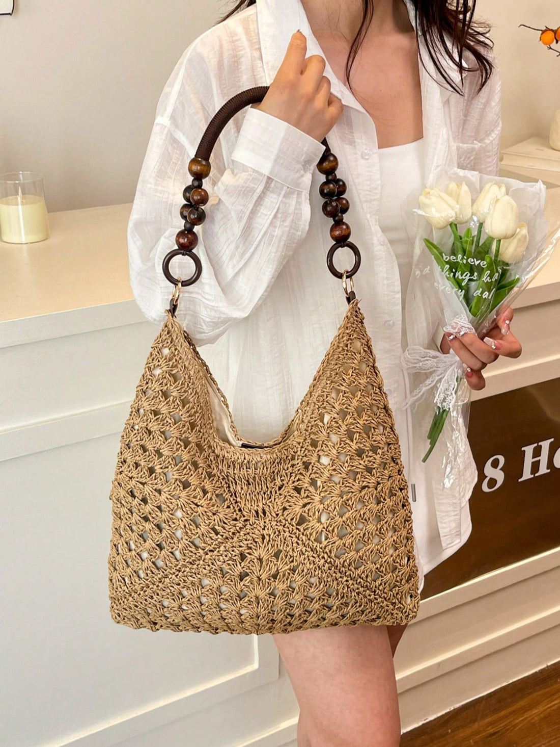 EMERY ROSE Large Capacity Portable Women's Woven Straw Shoulder Bag Medium Handbag With Handle For Beach Vacation