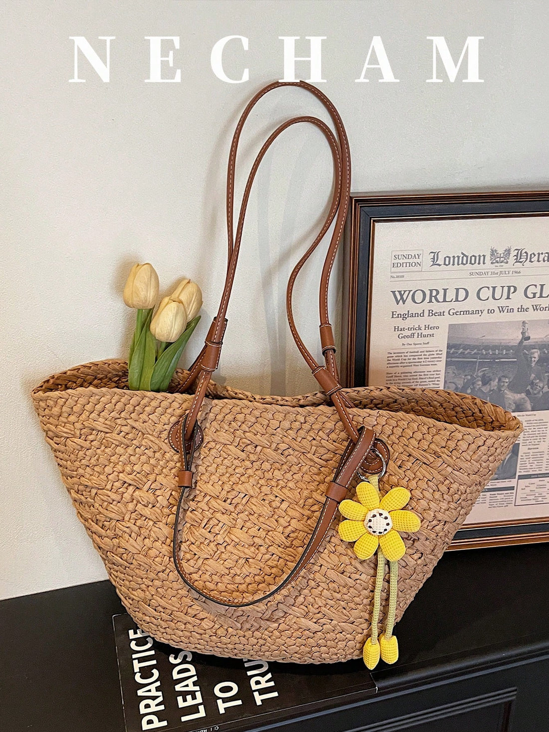 1pc Large Capacity Beach Vacation Tote Bag With Pendant, Casual Holiday Style Shoulder Bag