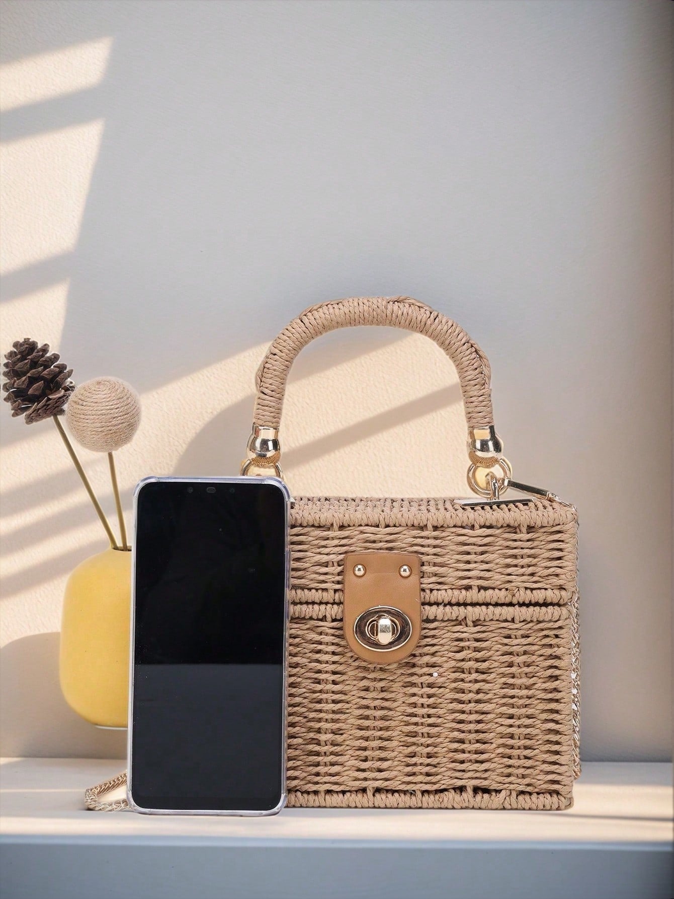 Tropiscape Small Square Box Woven Metal Chain Bag, Holiday Essentials, Perfect For Travel,