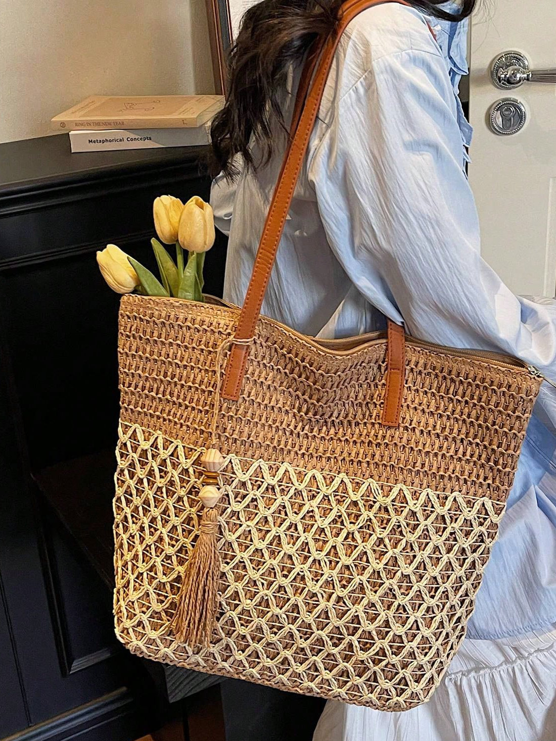 Tasseled Accent Colorblock Tote Bag, Beach Vacation Bag