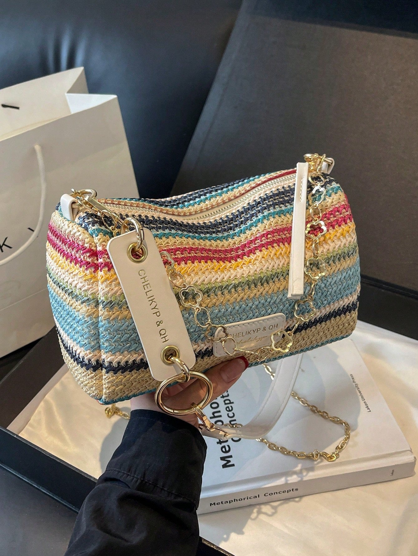 New Spring/Summer Contrast Striped Woven Straw Shoulder Bag, Fashion Letter Decor Women's