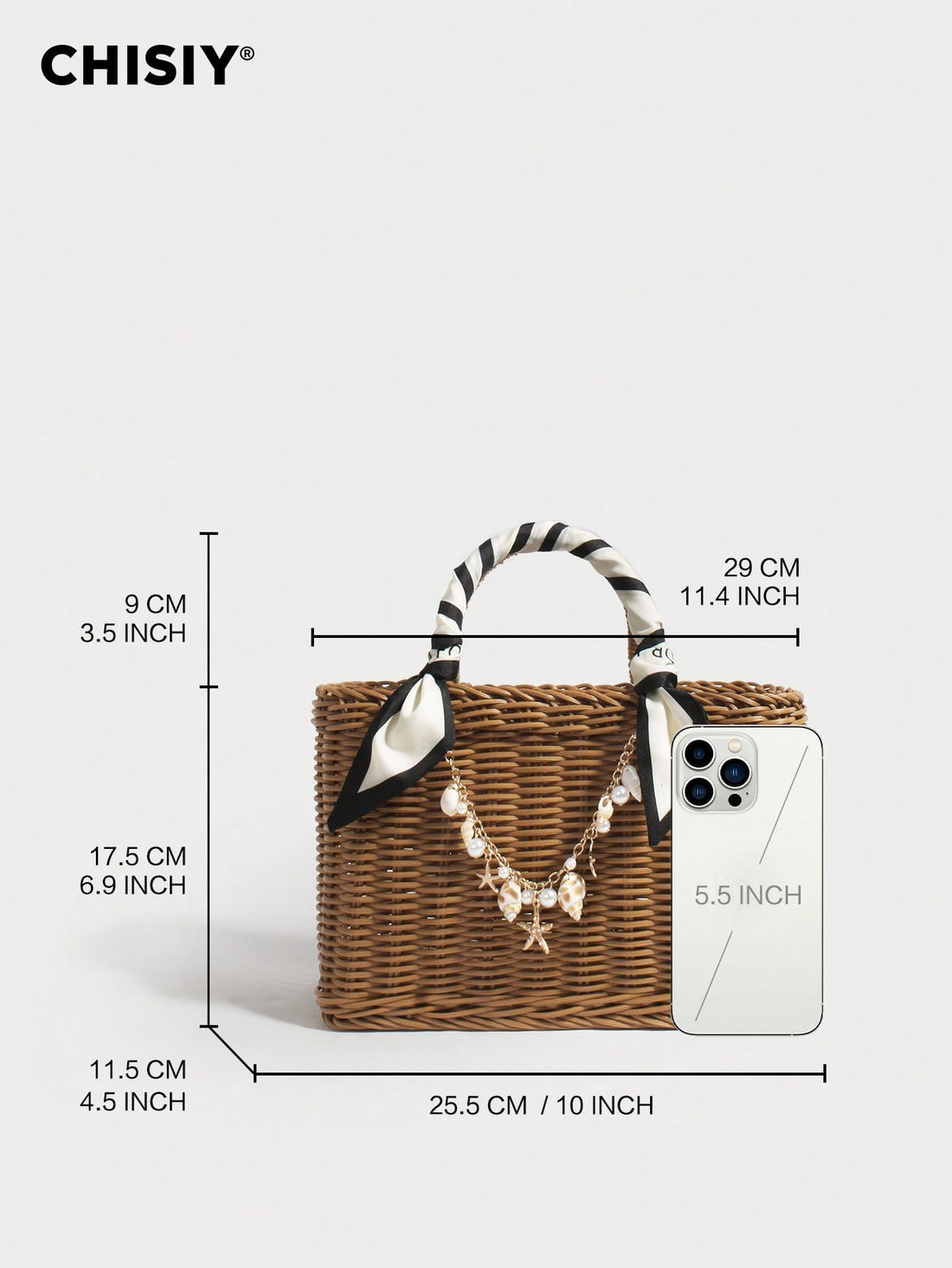 Summer New French Retro Handmade Vine Weaving Handbag Silk Scarf Handheld With Shell Sea Star Hanging Decoration Seaside Vacation Large Capacity Basket Package Daily Commuting Beach Leisure Party Travel