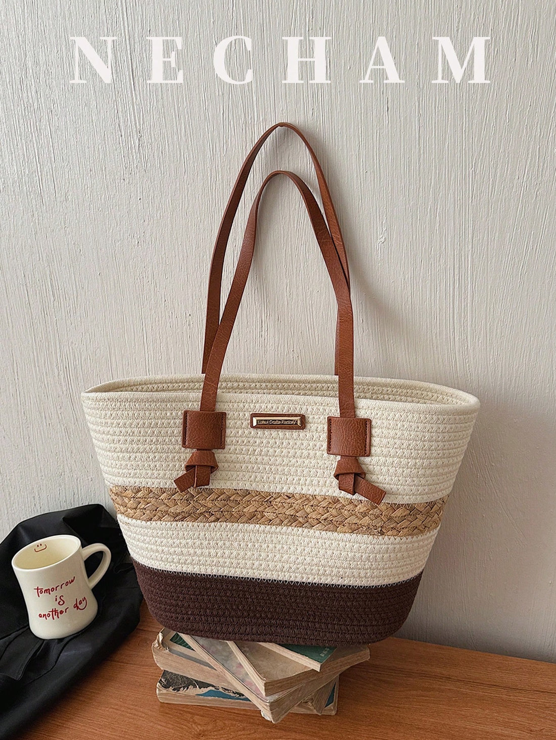 1pc Colorblock Striped Straw Tote Bag, Large Capacity Commuter Beach Shoulder Bag For Women