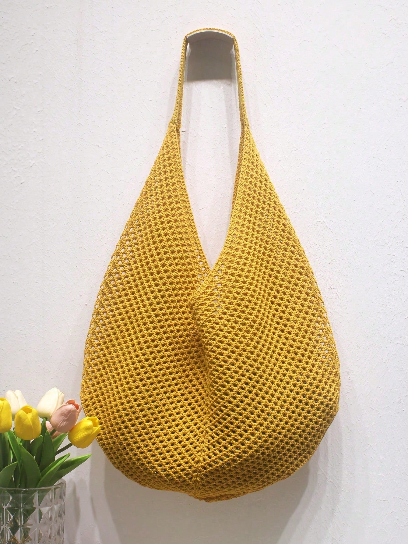 Large Capacity Crochet Shoulder Tote Bag - Lightweight, Multifunctional Knitted Handbag, Beige, Pink, Brown, Black, Suitable For Travel, Beach, Vacation And Daily Use, Large Tote Bag , Beach Bag , Crochet, Holiday, Yellow