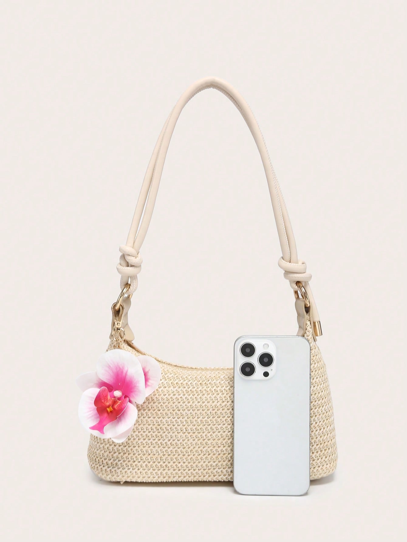 Women's Underarm Shoulder Bag, Square Bag, PU Rope Flower Pendant, Large Capacity, Lightweight, Casual Fashionable Beach Vacation Style, Suitable For Shopping And Vacation , Beach Bag, Holiday, Straw Bag