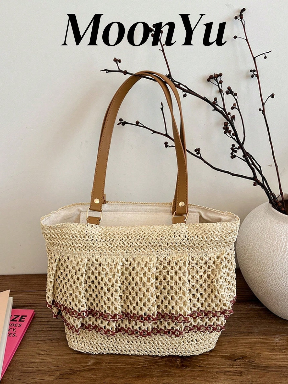 Women's Large Capacity Fashionable Elegant Cute Pleated Straw Shoulder Bag, Suitable For Shopping And Vacation, Beige