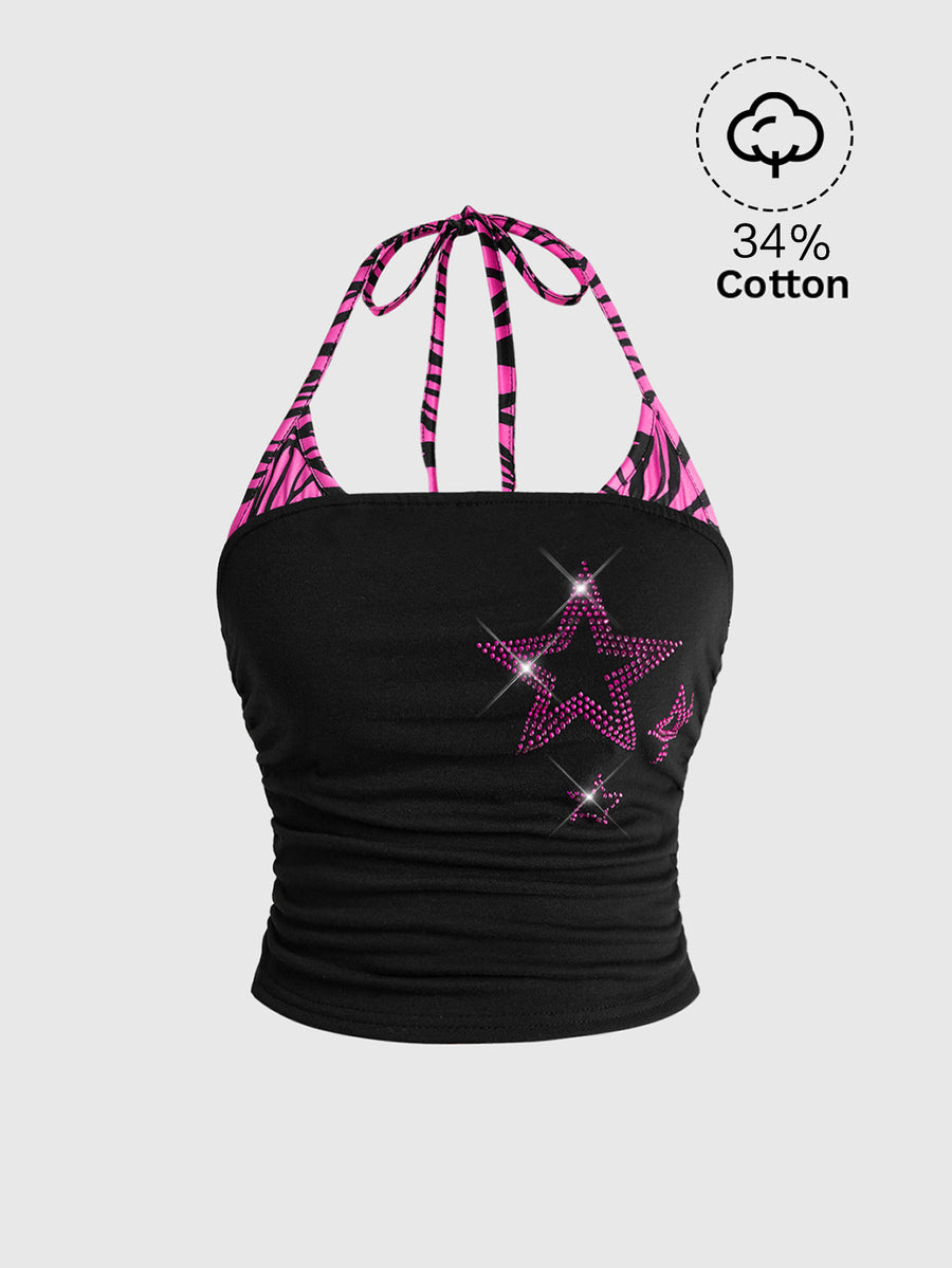 Black Y2K halter crop camisole top featuring a backless design, ruched detailing, and appliques for women.