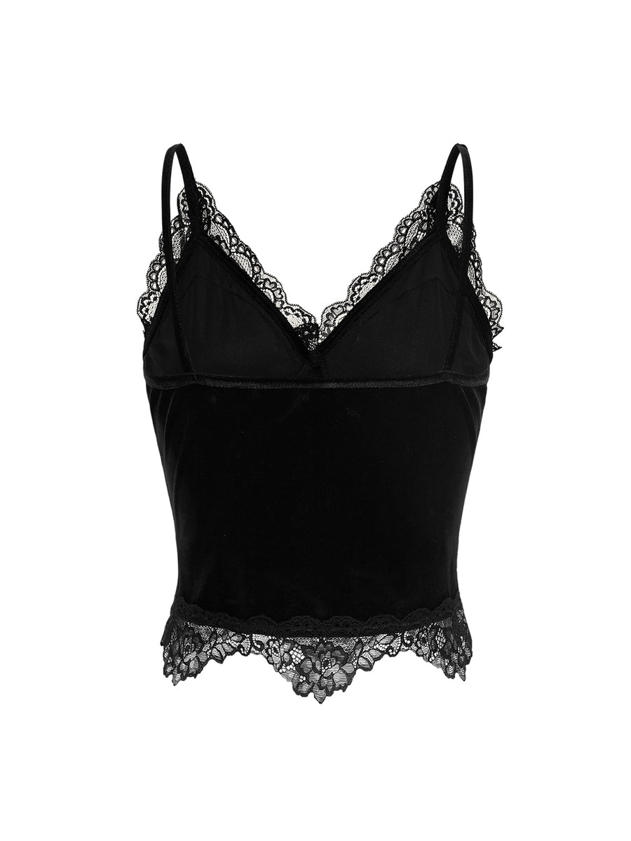 Black gothic velvet crop tank top for women featuring contrast lace trim, bow accent, spaghetti straps, and a metal cross detail.