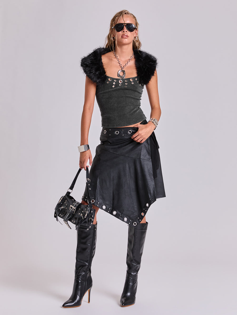 Front view of a women's black rib-knit camisole tank top with rhinestone details and spaghetti straps.