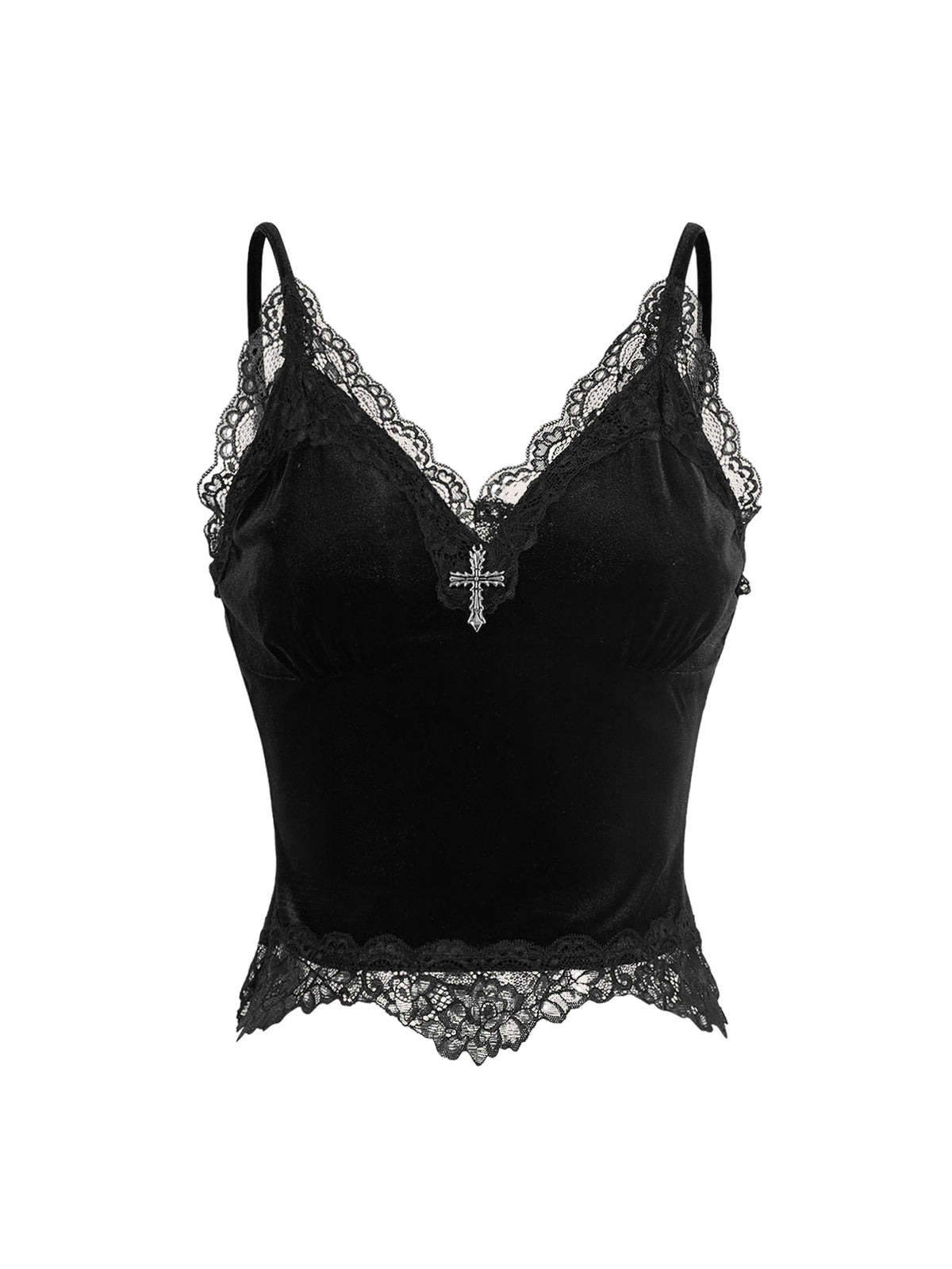 Black gothic velvet crop tank top for women featuring contrast lace trim, bow accent, spaghetti straps, and a metal cross detail.