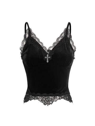 Black gothic velvet crop tank top for women featuring contrast lace trim, bow accent, spaghetti straps, and a metal cross detail.