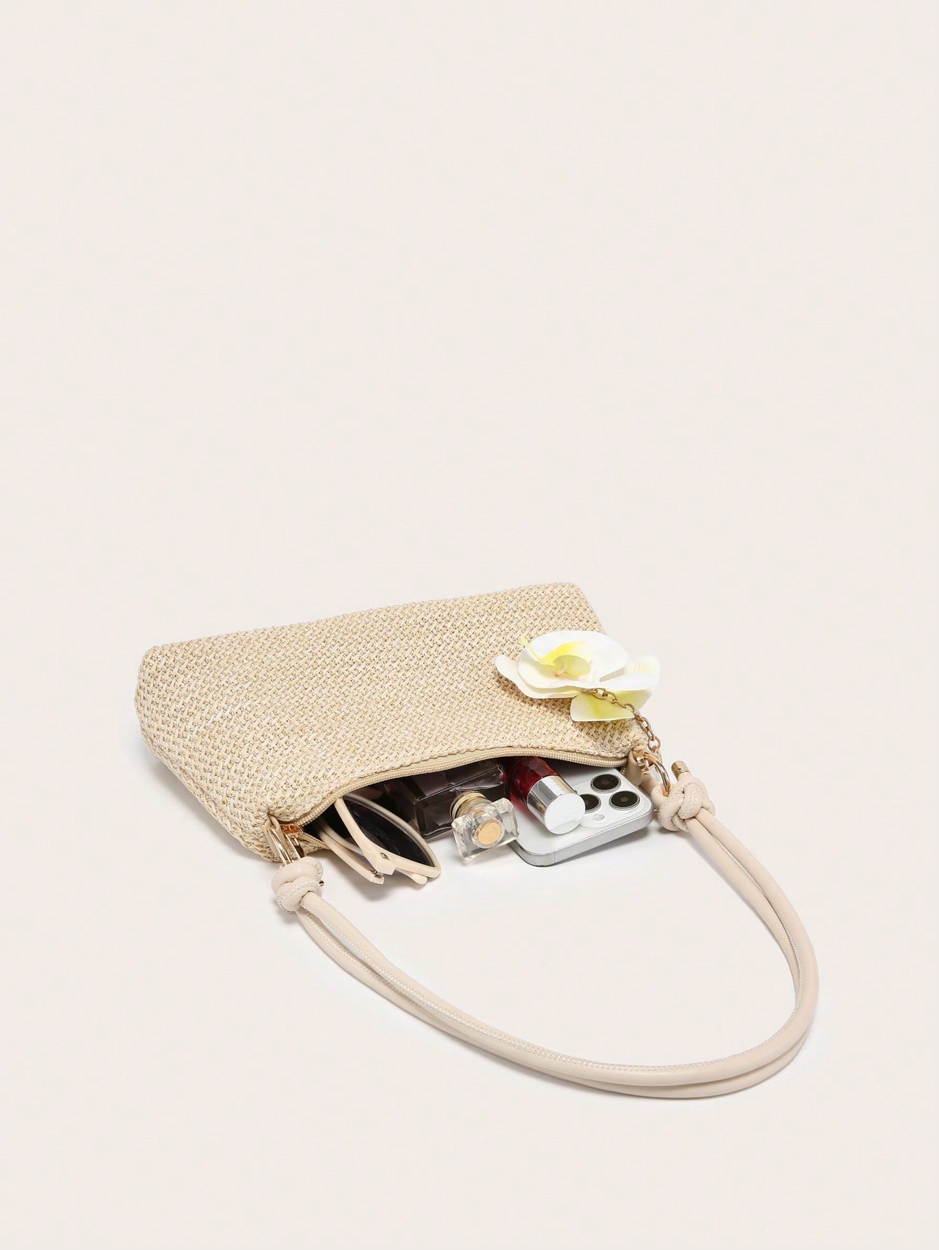 Women's Underarm Shoulder Bag, Square Bag, PU Rope Flower Pendant, Large Capacity, Lightweight, Casual Fashionable Beach Vacation Style, Suitable For Shopping And Vacation , Beach Bag, Holiday, Straw Bag