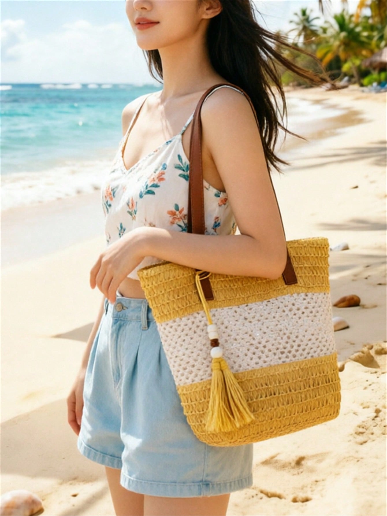 1pc New Holiday Tassel Pendant Bicolor Woven Beach Tote Bag, Casual Shoulder Handbag For Beach Trip