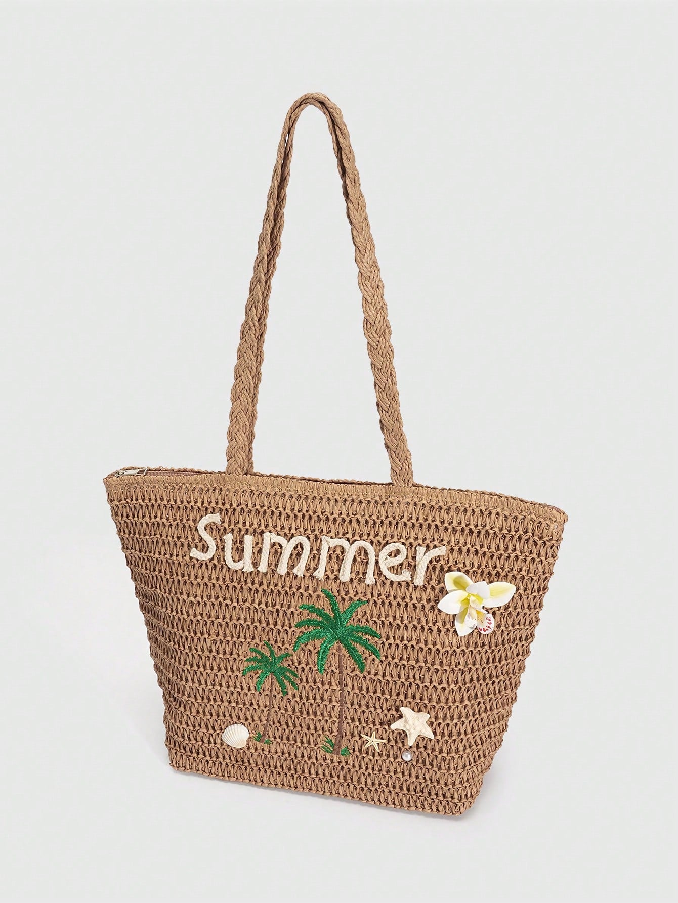 ROMWE Fairycore 1pc Vacation-Themed Shell, Seashell, Coral, Pearl Decor Women Tote Bag, Large Capacity Floral Straw Beach Bag For Spring/Summer