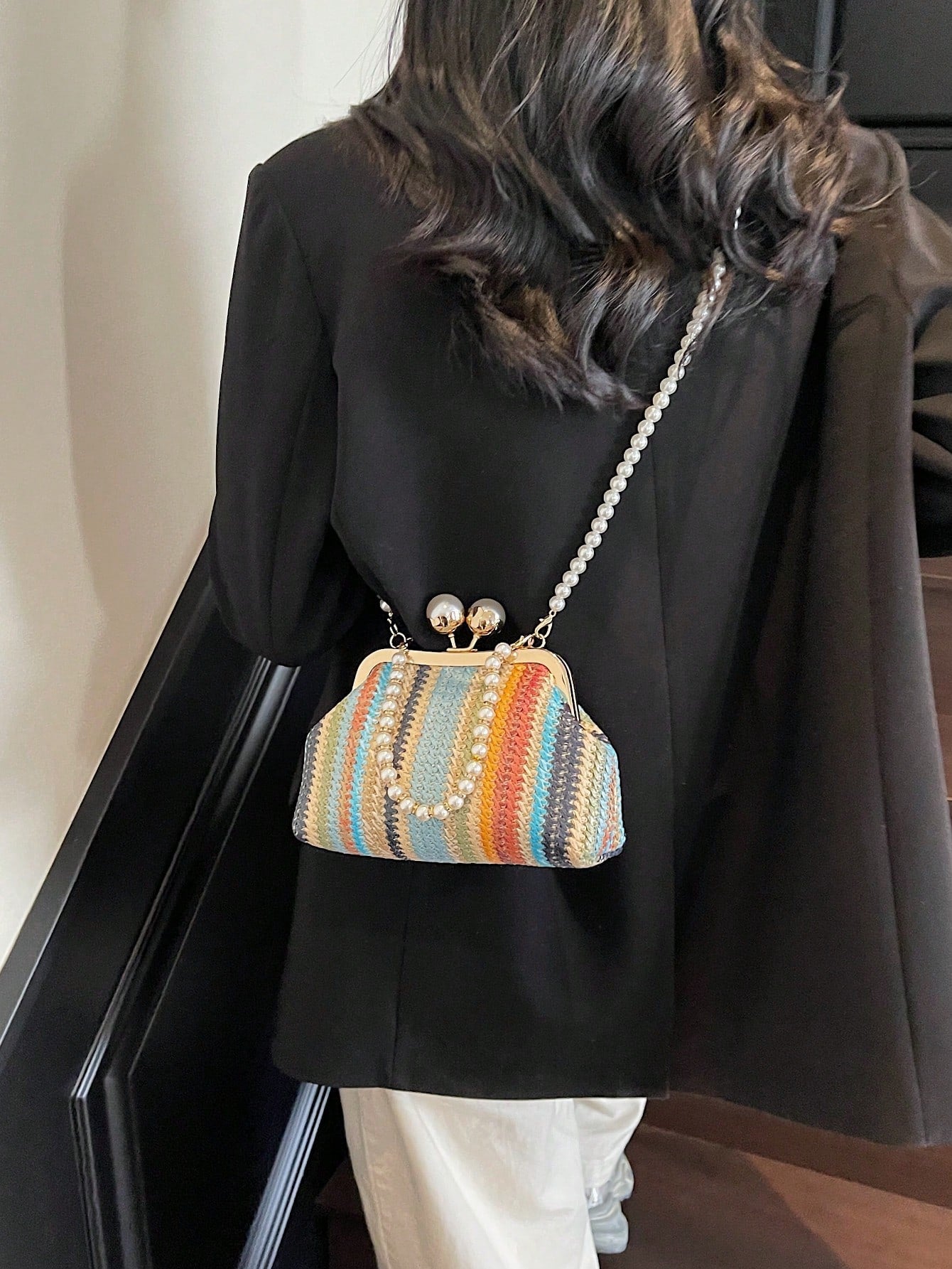 1pc Rainbow Color Woven Clutch Bag, Minimalist & Fashionable, Suitable For Casual/Daily Use, Woven Bag