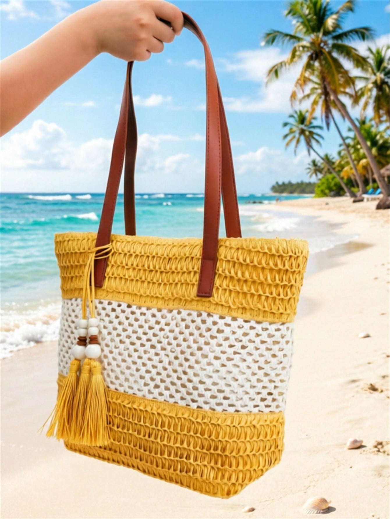 1pc New Holiday Tassel Pendant Bicolor Woven Beach Tote Bag, Casual Shoulder Handbag For Beach Trip