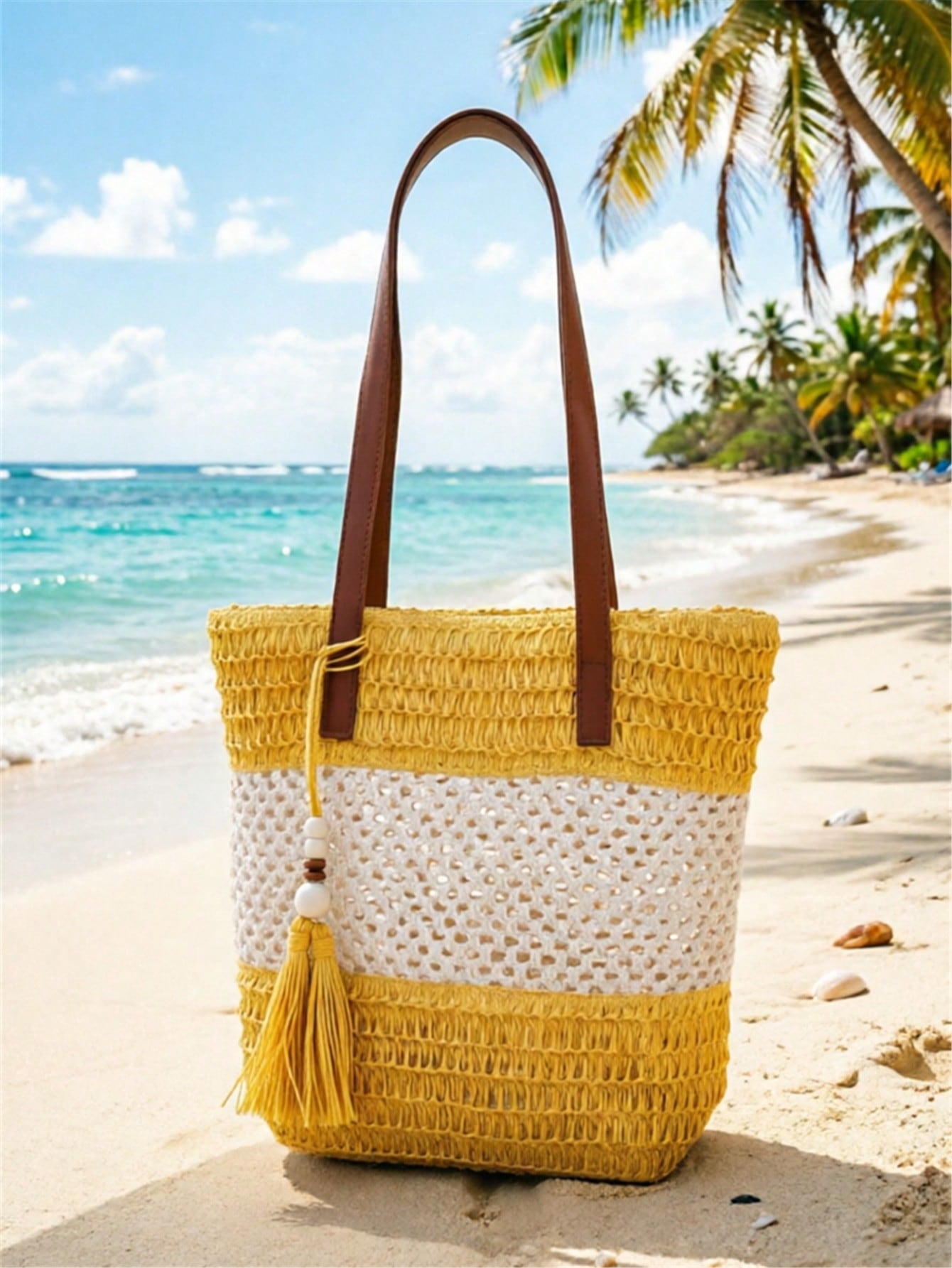 1pc New Holiday Tassel Pendant Bicolor Woven Beach Tote Bag, Casual Shoulder Handbag For Beach Trip