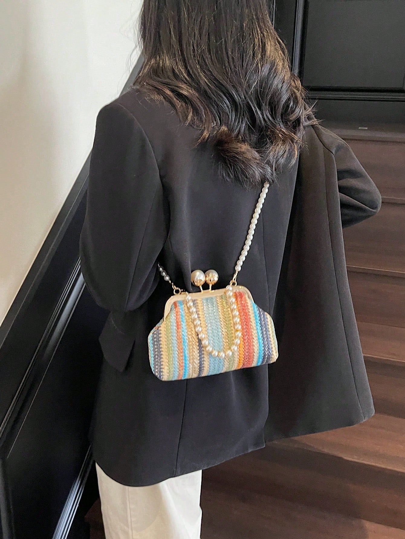 1pc Rainbow Color Woven Clutch Bag, Minimalist & Fashionable, Suitable For Casual/Daily Use, Woven Bag