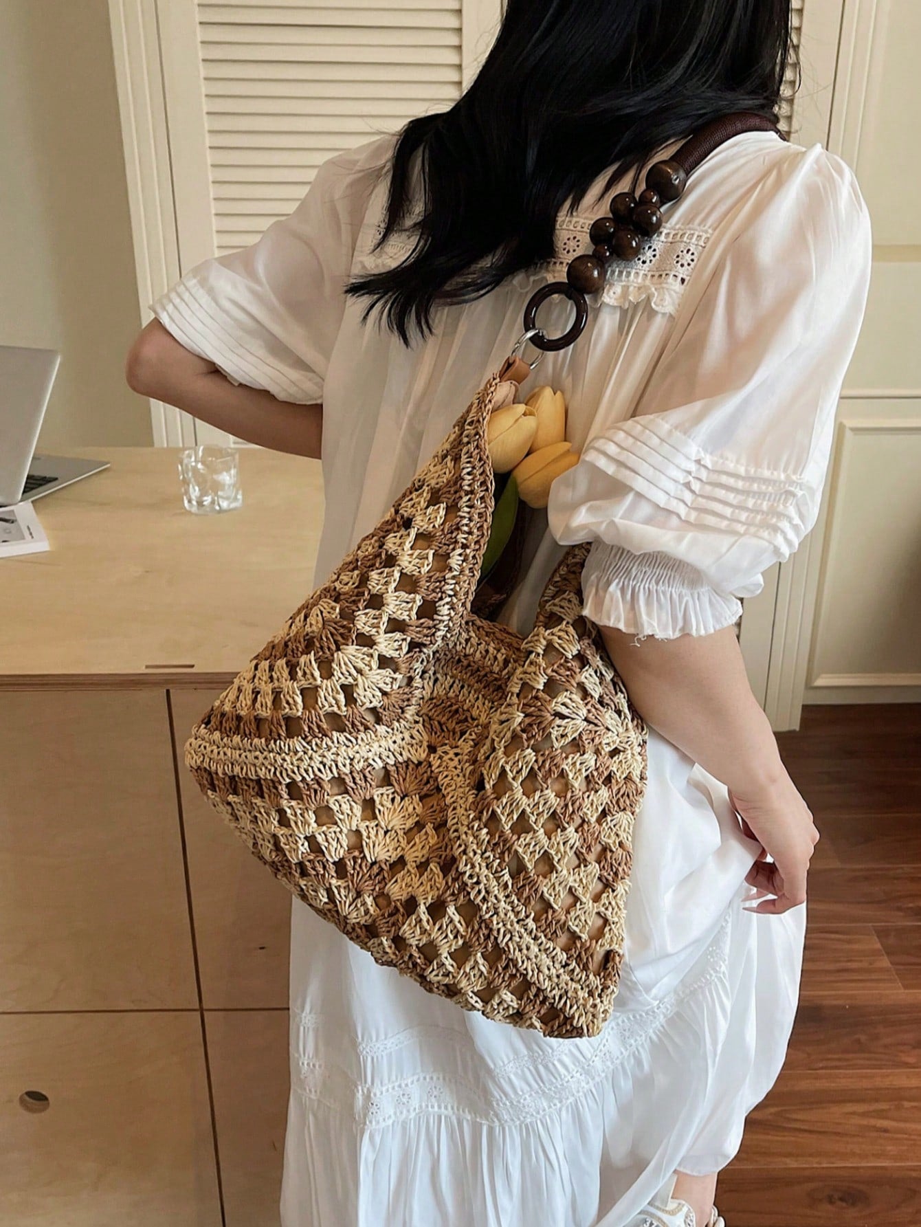 Handmade Crochet Hollow Straw Bag, Patchwork Large Capacity Shoulder Bag, Bohemian Contrast Color Straw Bag, Casual Versatile Women Bag, Slouchy Woven Bag, Summer Beach Vacation Straw Bag, Commute & Travel Dual-Use Women Bag, Can Fit , Gift For Women