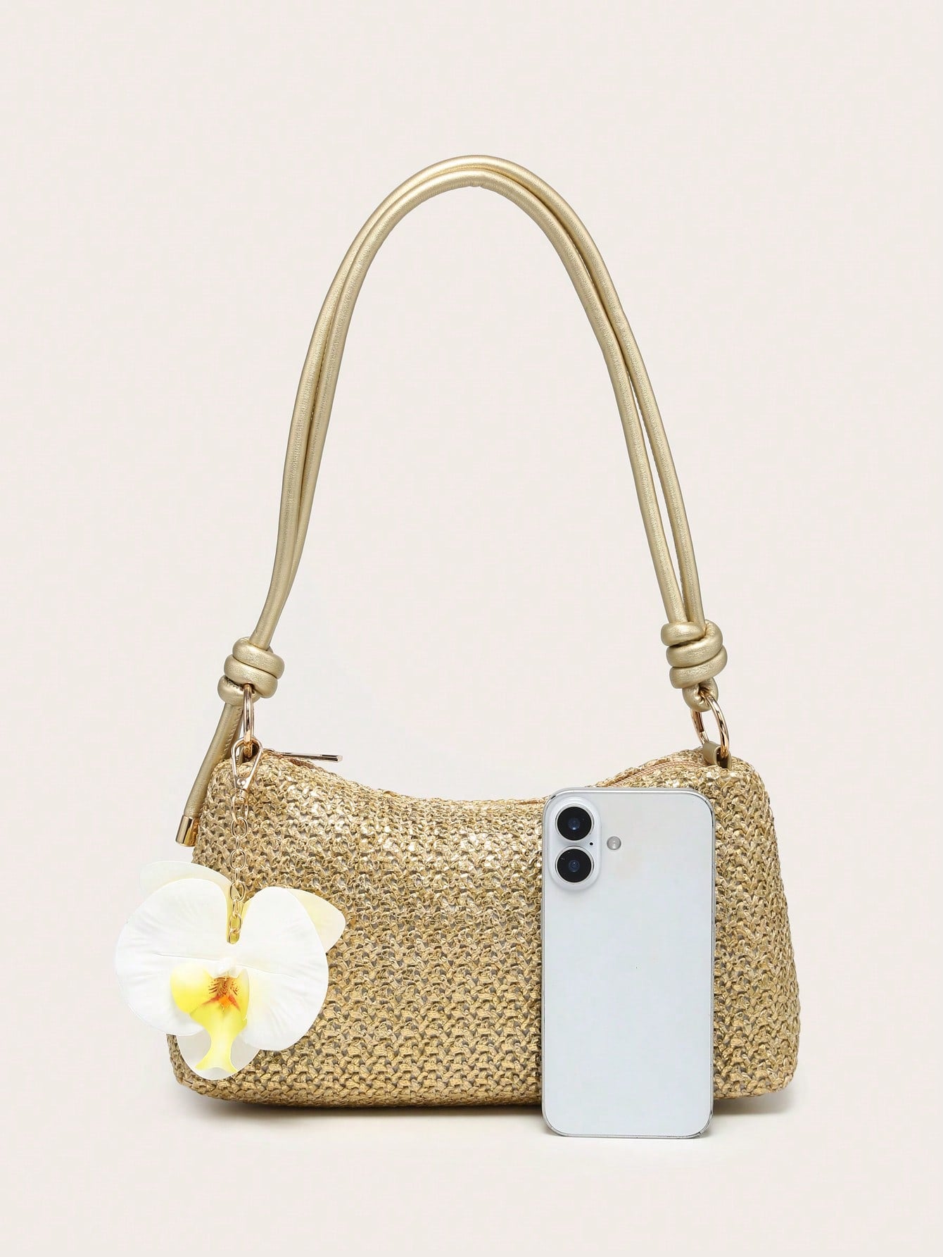 Women's Underarm Shoulder Bag, Square Bag, PU Rope Flower Pendant, Large Capacity, Lightweight, Casual Fashionable Beach Vacation Style, Suitable For Shopping And Vacation , Beach Bag, Holiday, Straw Bag