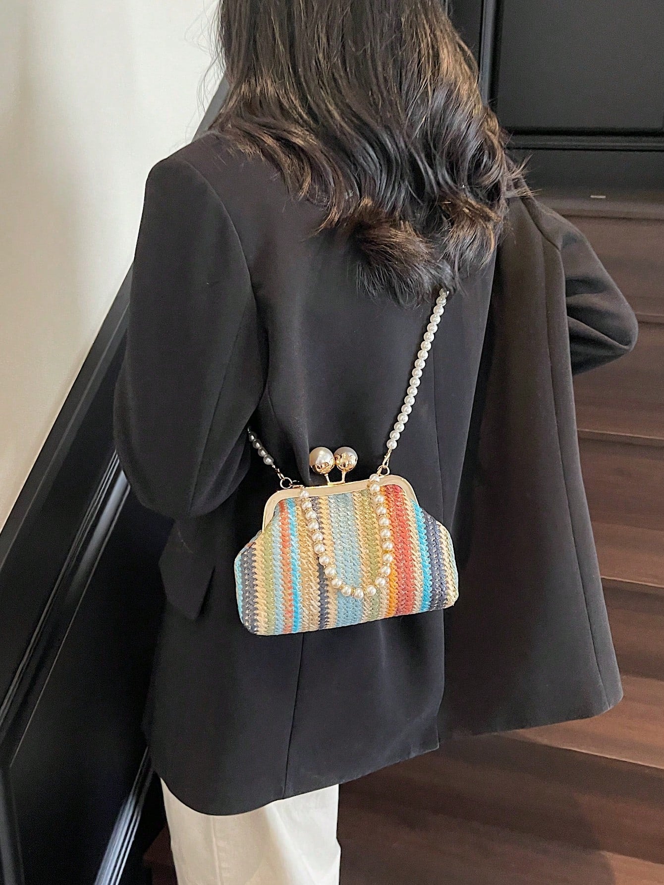 1pc Rainbow Color Woven Clutch Bag, Minimalist & Fashionable, Suitable For Casual/Daily Use, Woven Bag