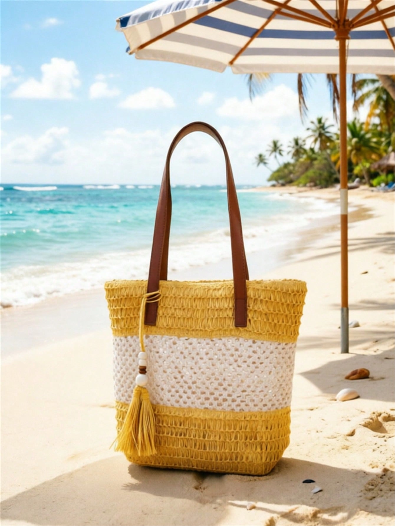 1pc New Holiday Tassel Pendant Bicolor Woven Beach Tote Bag, Casual Shoulder Handbag For Beach Trip
