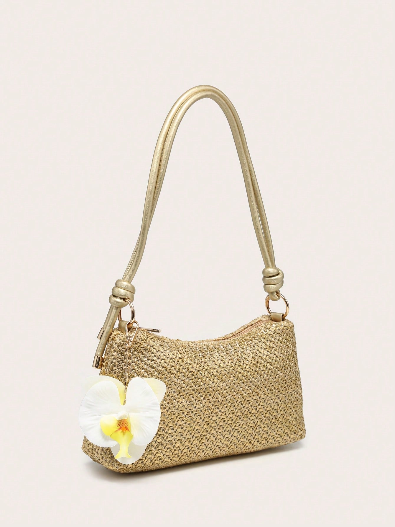 Women's Underarm Shoulder Bag, Square Bag, PU Rope Flower Pendant, Large Capacity, Lightweight, Casual Fashionable Beach Vacation Style, Suitable For Shopping And Vacation , Beach Bag, Holiday, Straw Bag