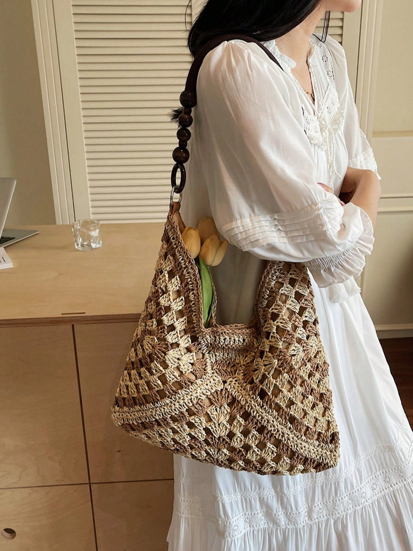 Handmade Crochet Hollow Straw Bag, Patchwork Large Capacity Shoulder Bag, Bohemian Contrast Color Straw Bag, Casual Versatile Women Bag, Slouchy Woven Bag, Summer Beach Vacation Straw Bag, Commute & Travel Dual-Use Women Bag, Can Fit , Gift For Women