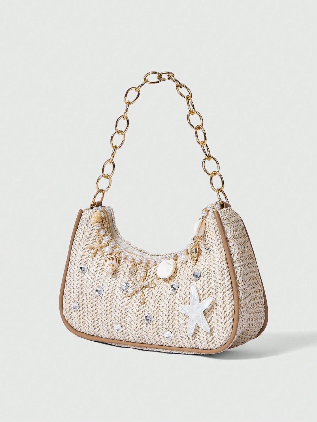 ROMWE Fairycore 1pc Summer Beach Starfish Series Shell & Seashell Woven Shoulder Hand Carry Bag, Beach Bag, Straw Handbag For Women (Charm Color & Style Randomly)