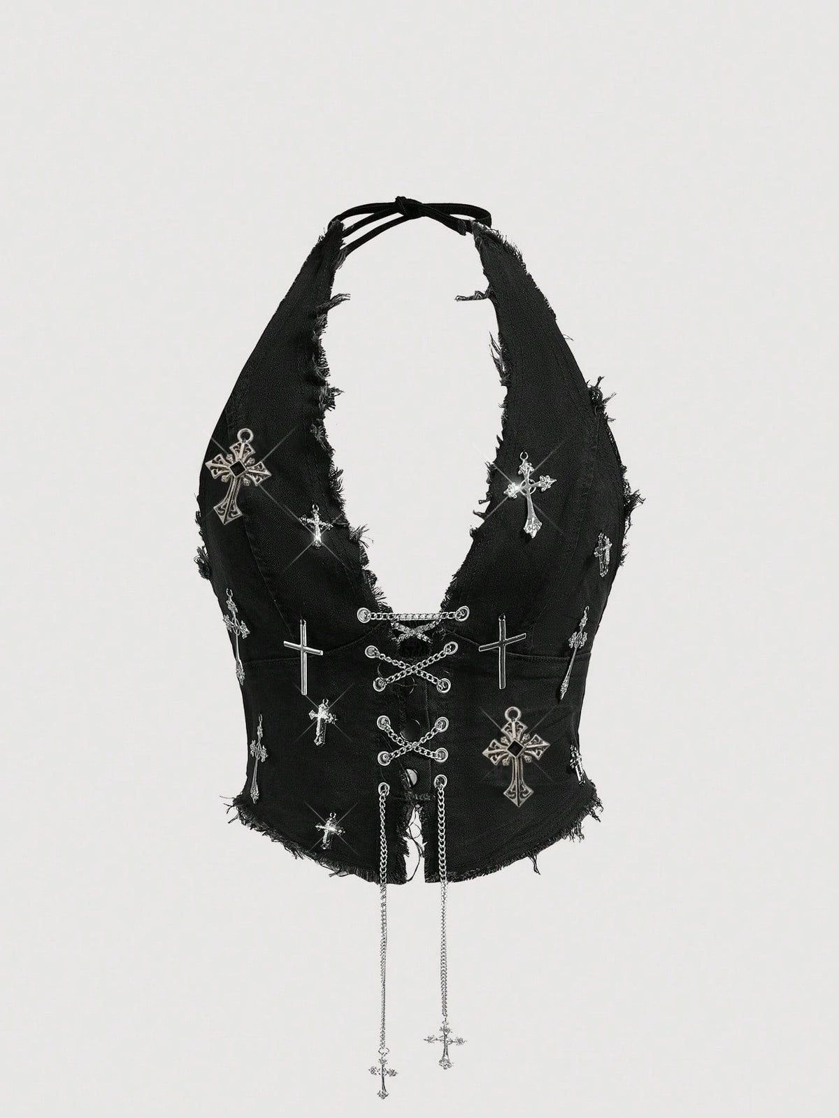 Black goth halter denim crop top featuring a backless cross lace-up design and asymmetrical hem on a model.