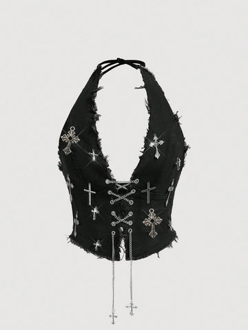 Black goth halter denim crop top featuring a backless cross lace-up design and asymmetrical hem on a model.