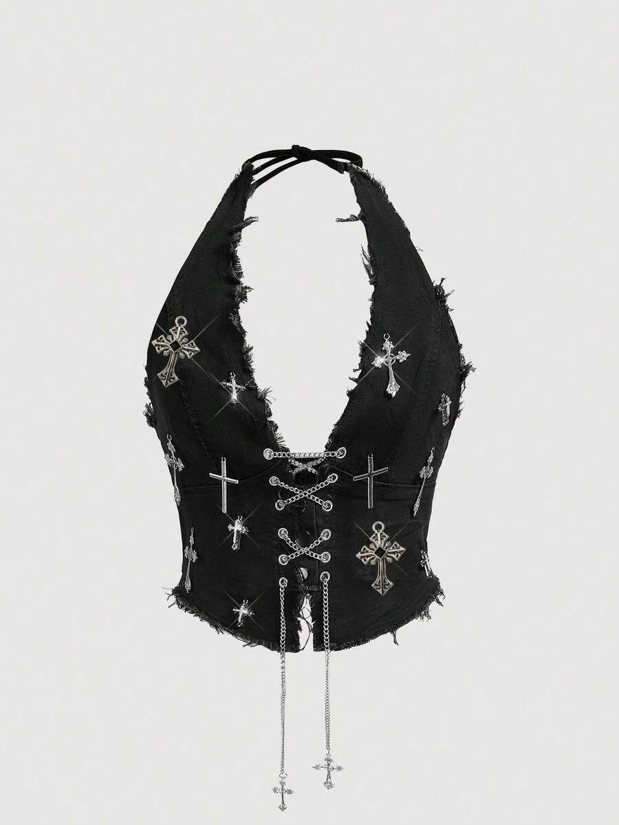 Black goth halter denim crop top featuring a backless cross lace-up design and asymmetrical hem on a model.