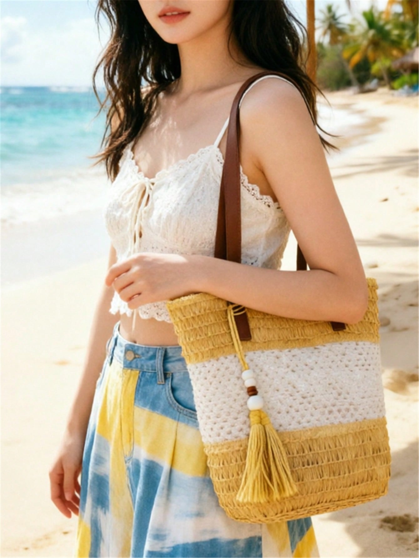 1pc New Holiday Tassel Pendant Bicolor Woven Beach Tote Bag, Casual Shoulder Handbag For Beach Trip