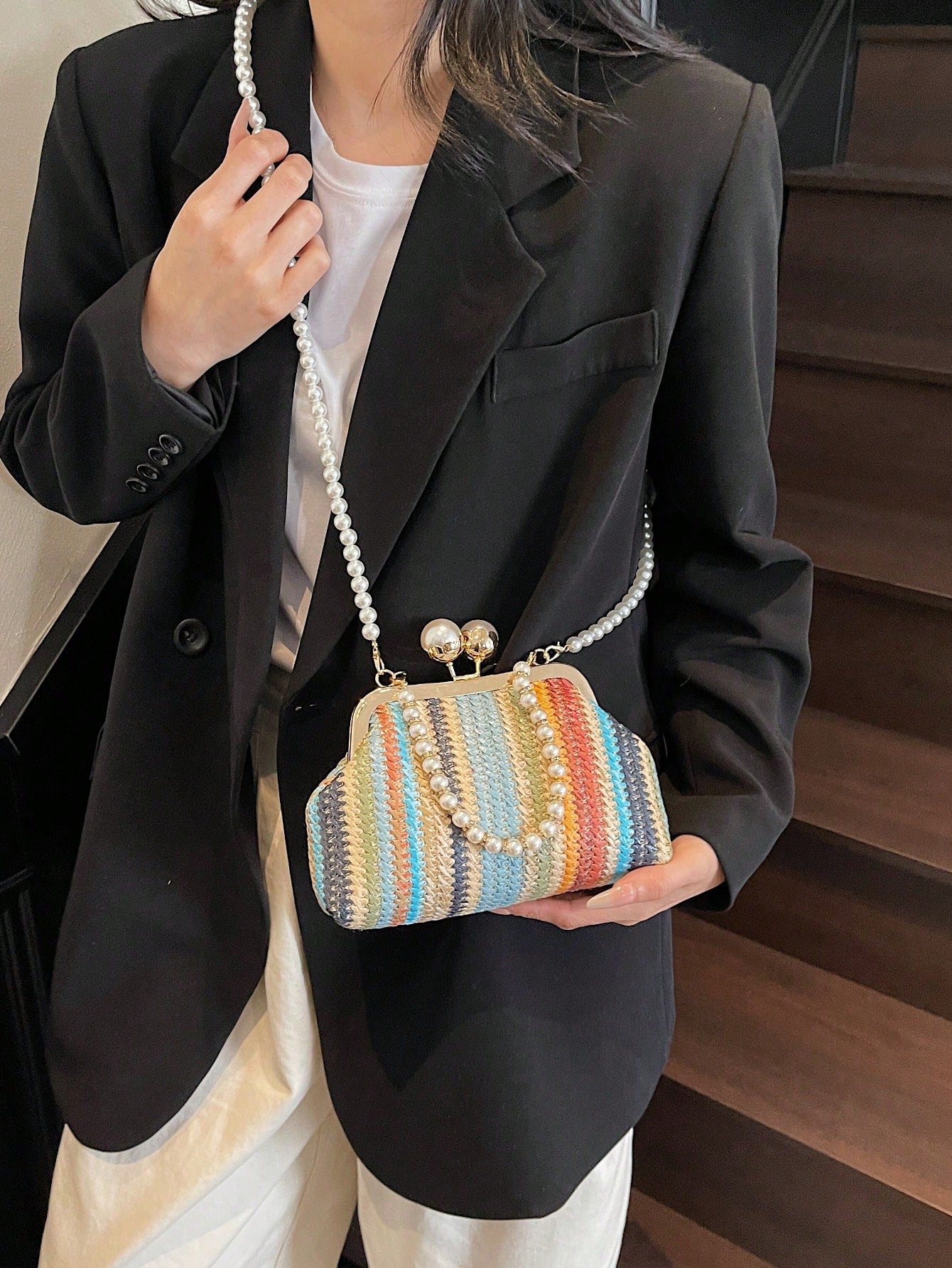 1pc Rainbow Color Woven Clutch Bag, Minimalist & Fashionable, Suitable For Casual/Daily Use, Woven Bag
