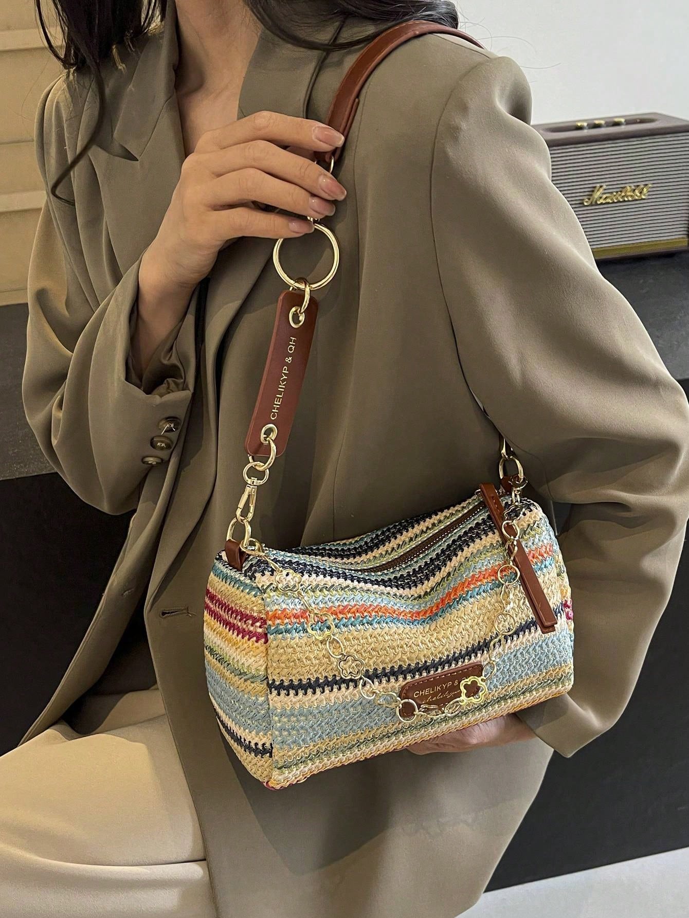 New Spring/Summer Contrast Striped Woven Straw Shoulder Bag, Fashion Letter Decor Women's