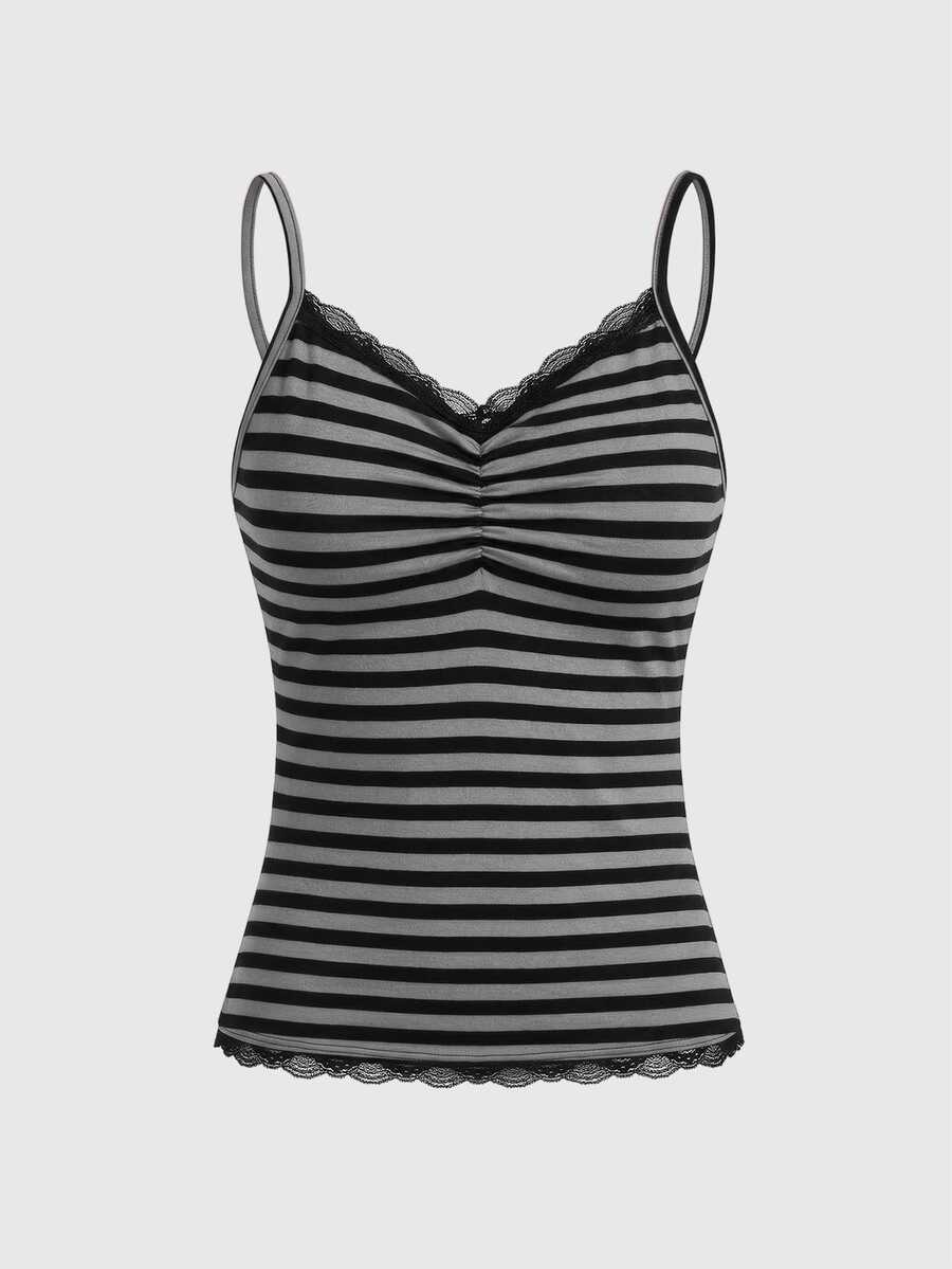 Burgundy and black striped lace trim camisole with spaghetti straps and ruched rib-knit detail.
